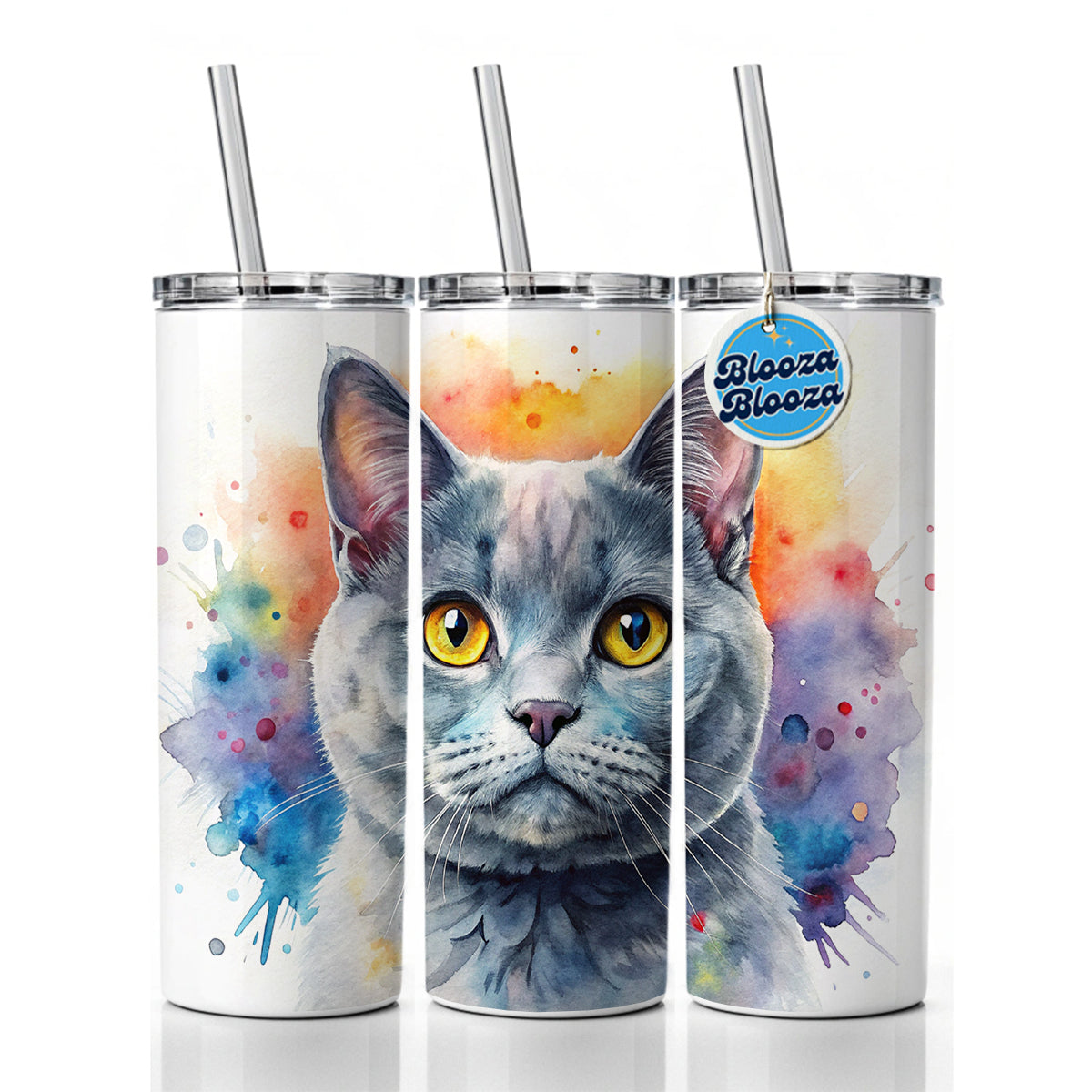 British Shorthair Gray Cat Watercolor Style Skinny Tumbler 20oz with Straw Insulated Water Bottle Gift