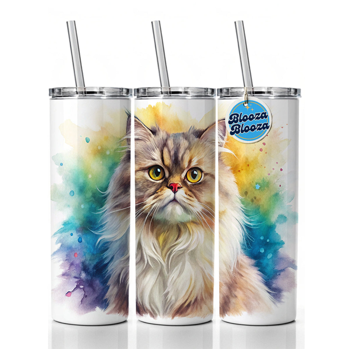 Classic Persian Cat Watercolor Style Skinny Tumbler 20oz with Straw Insulated Water Bottle Gift