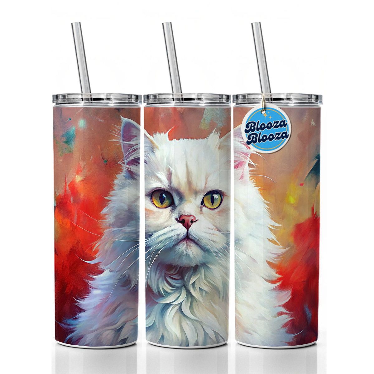 Classic Persian White Cat Abstract Art Skinny Tumbler 20oz with Straw Insulated Water Bottle Gift