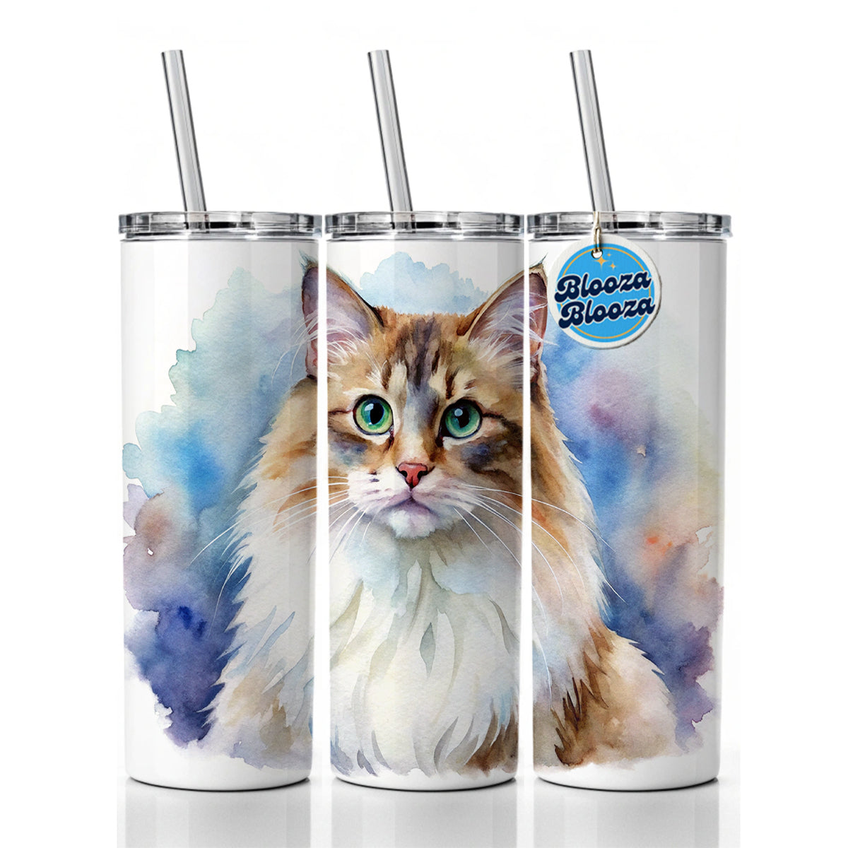 Ragamuffin Cat Watercolor Style Skinny Tumbler 20oz with Straw Insulated Water Bottle Gift