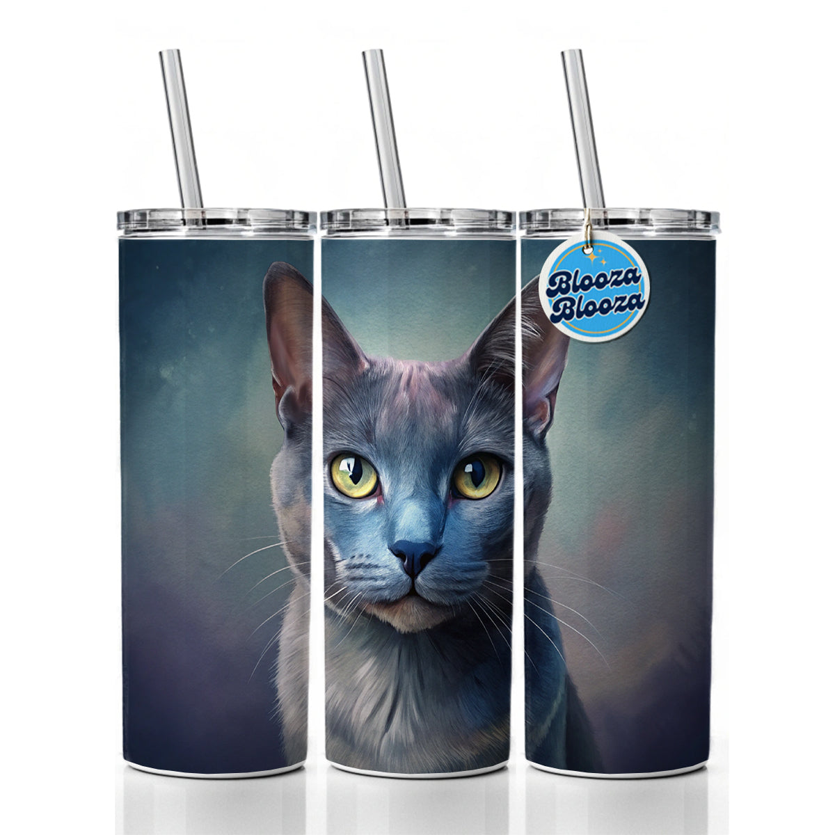 Russian Blue Cat Illustration Skinny Tumbler 20oz with Straw Insulated Water Bottle Gift