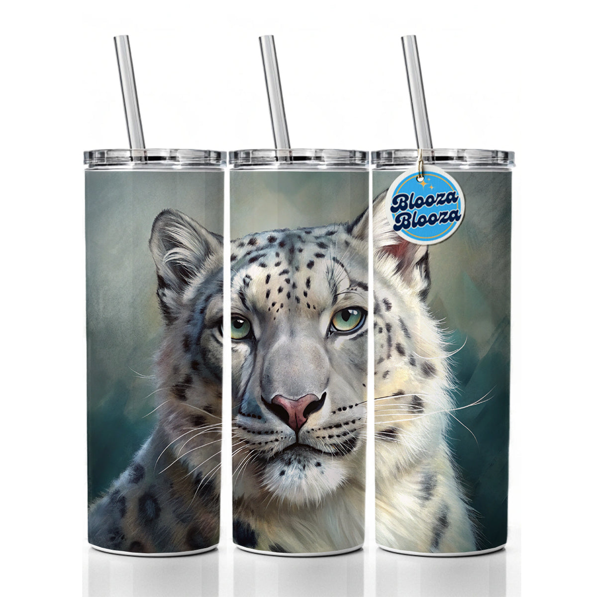 Snow Leopard Illustration Skinny Tumbler 20oz with Straw Insulated Water Bottle Gift