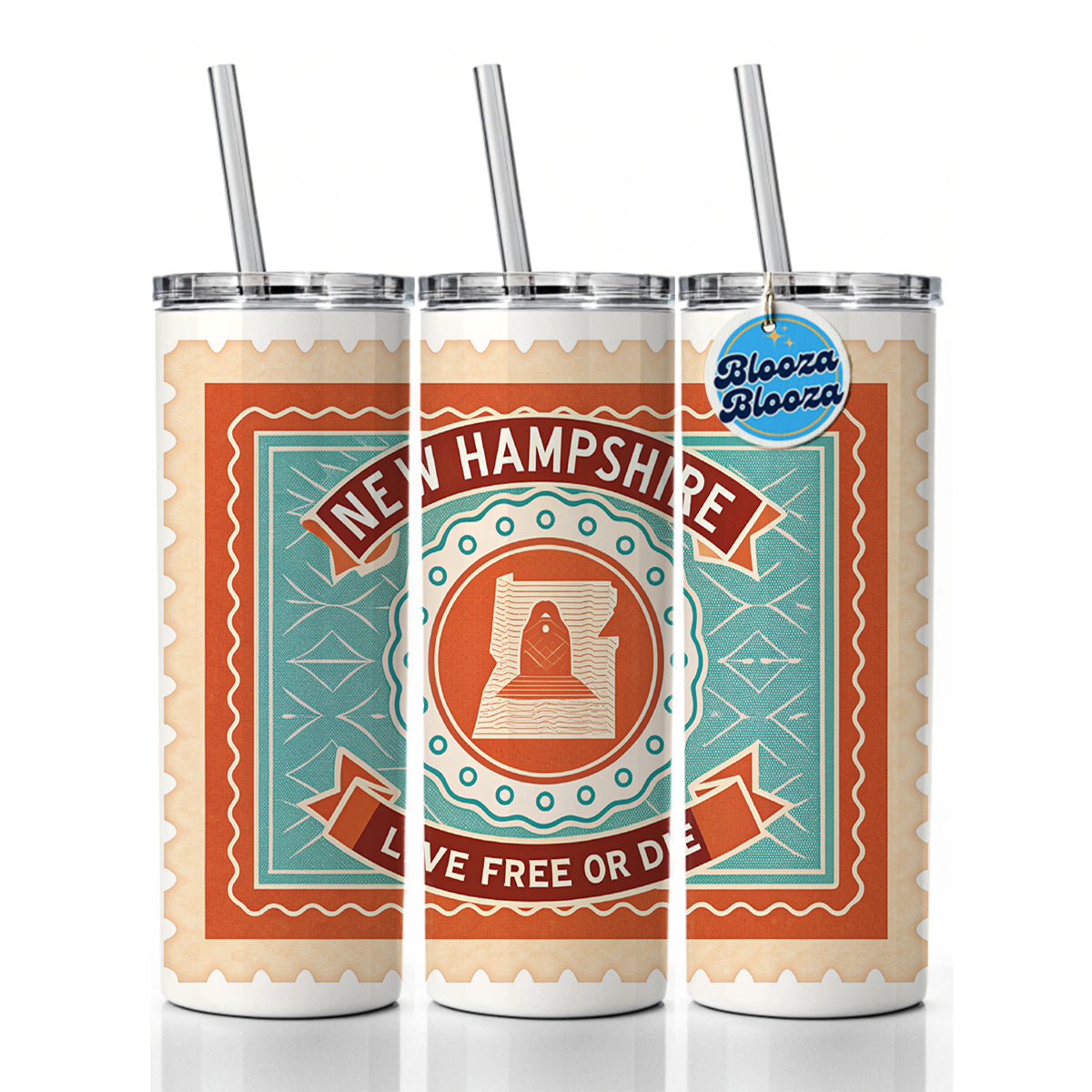 New Hampshire NH Live Free Or Die State Travel Vacation Stamp Skinny Tumbler 20oz with Straw Insulated Water Bottle Gift