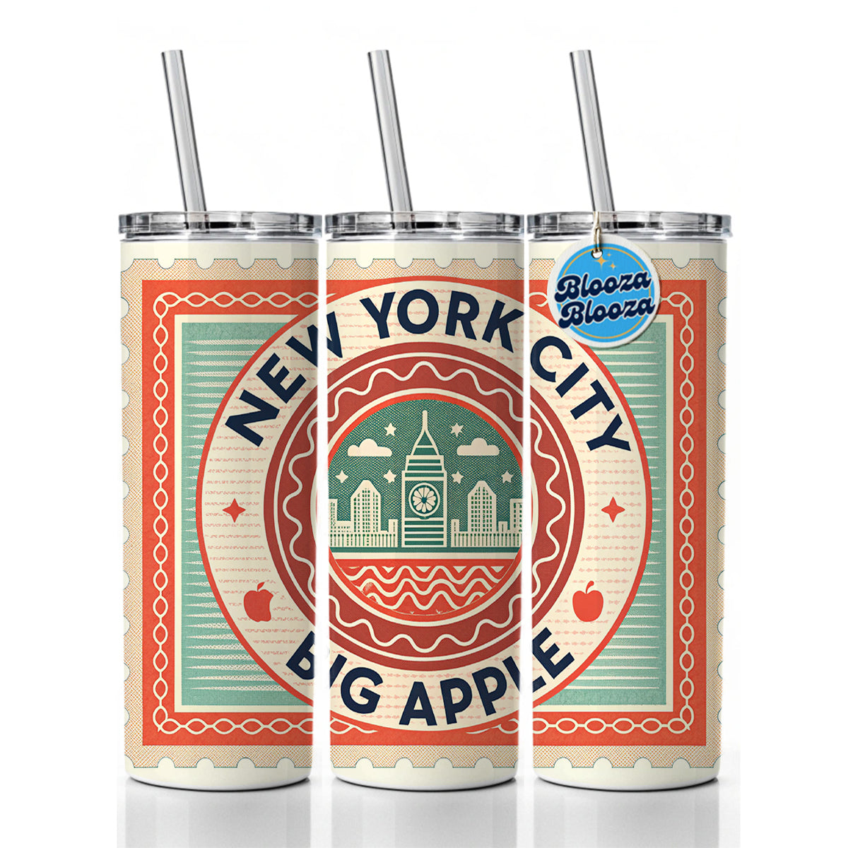 New York City NYC Big Apple Travel Vacation Stamp Skinny Tumbler 20oz with Straw Insulated Water Bottle Gift