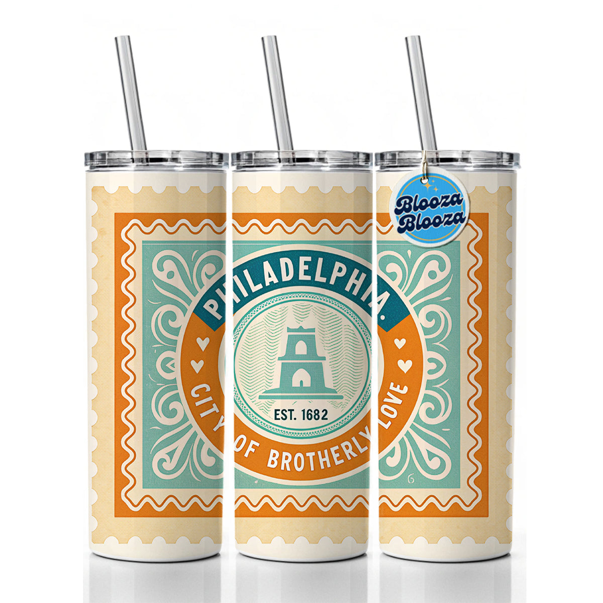 Philadelphia PA City of Brotherly Love Travel Vacation Stamp Skinny Tumbler 20oz with Straw Insulated Water Bottle Gift