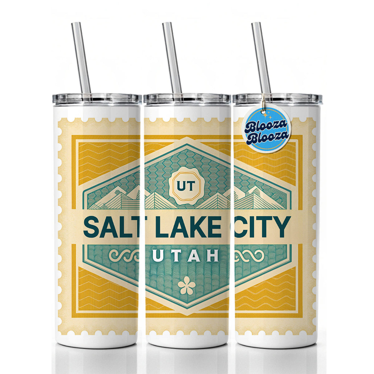 Salt Lake City UT Utah Travel Vacation Stamp Skinny Tumbler 20oz with Straw Insulated Water Bottle Gift