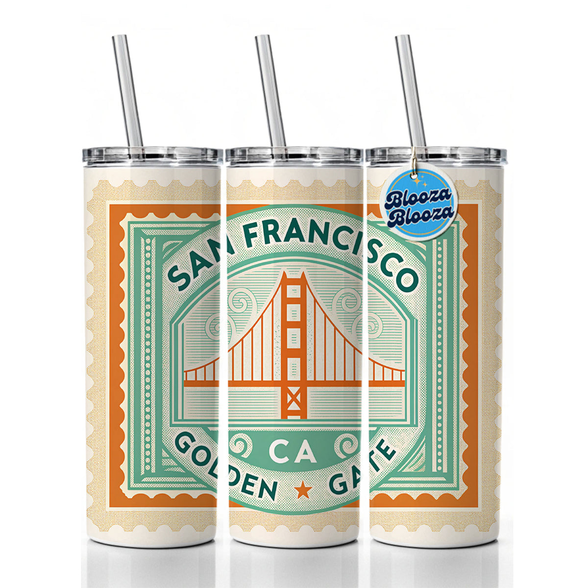 San Francisco CA California Golden Gate Bridge Travel Vacation Stamp Skinny Tumbler 20oz with Straw Insulated Water Bottle Gift
