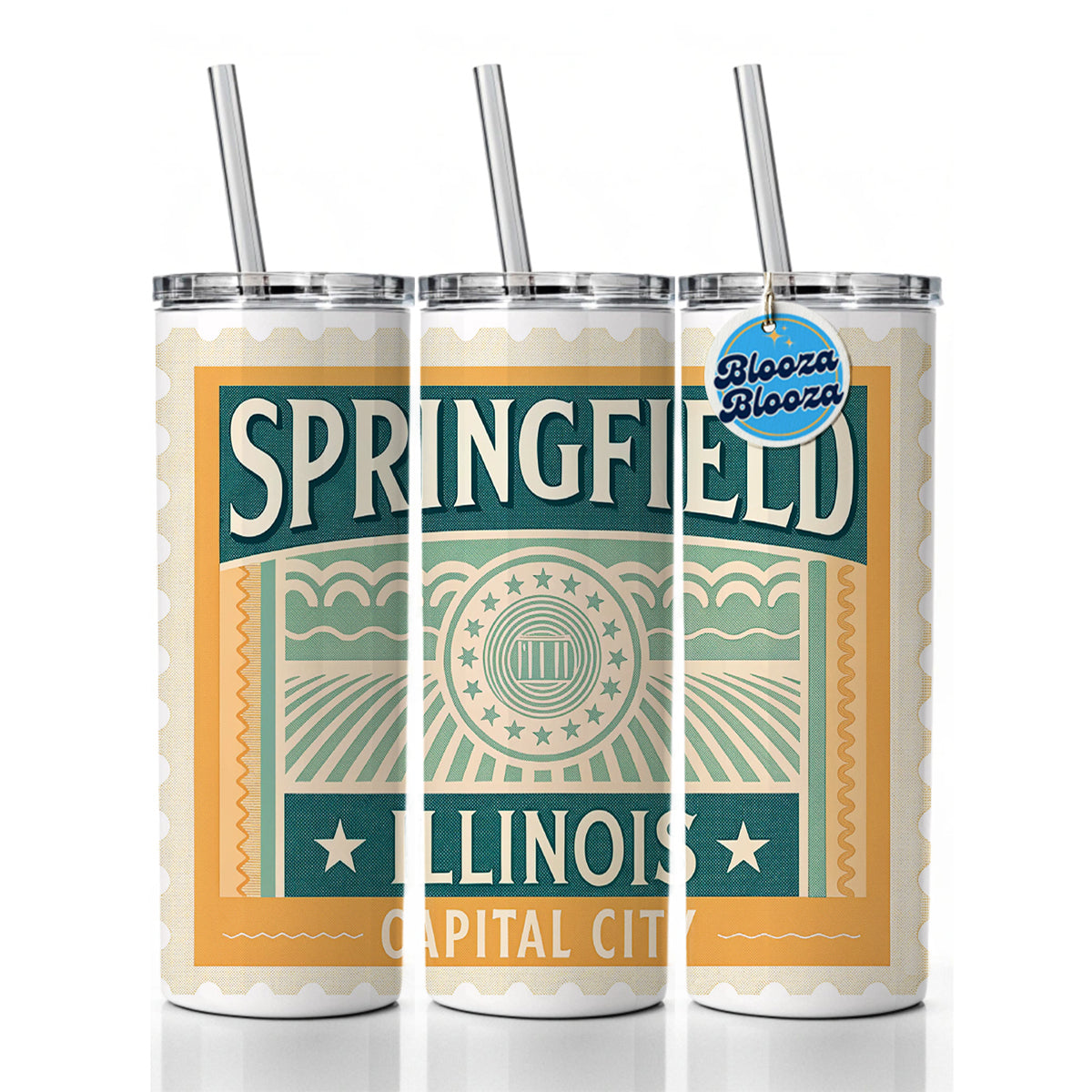 Springfield IL Illinois Travel Vacation Stamp Skinny Tumbler 20oz with Straw Insulated Water Bottle Gift