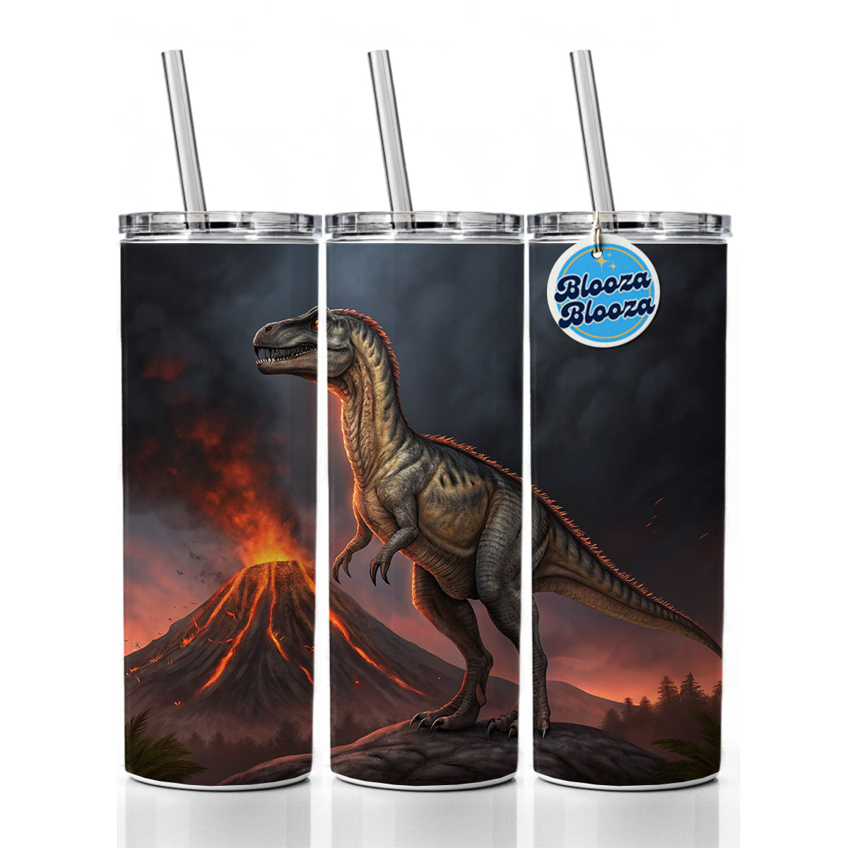 Allosaurus Volcano Dinosaur Skinny Tumbler 20oz with Straw Insulated Water Bottle Gift