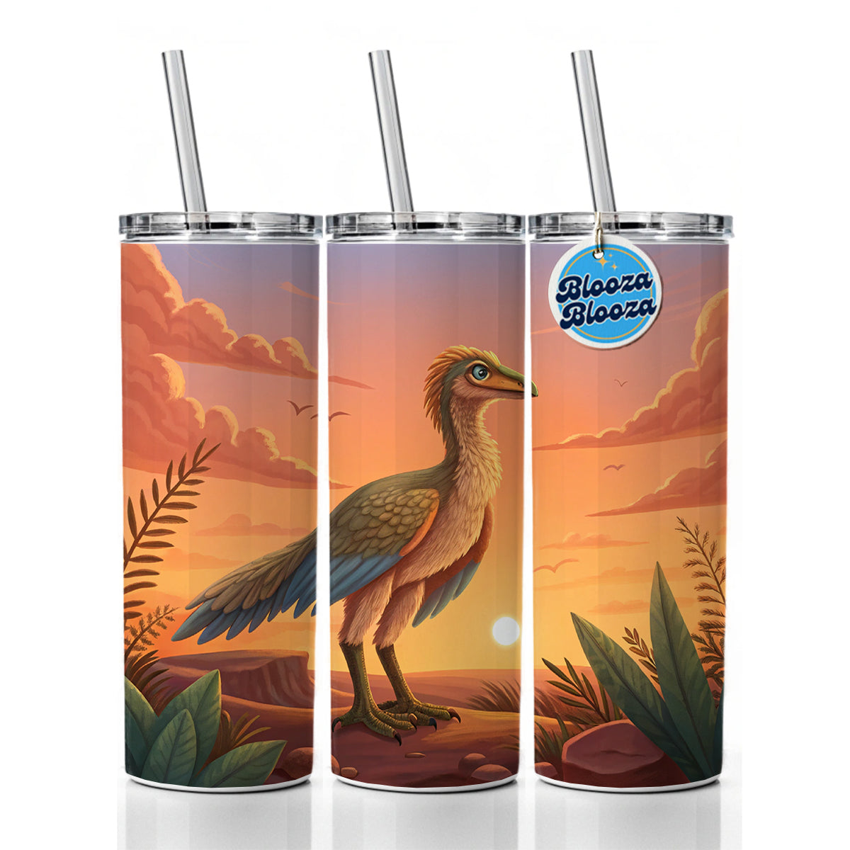 Archaeopteryx Standing Sunset Dinosaur Skinny Tumbler 20oz with Straw Insulated Water Bottle Gift