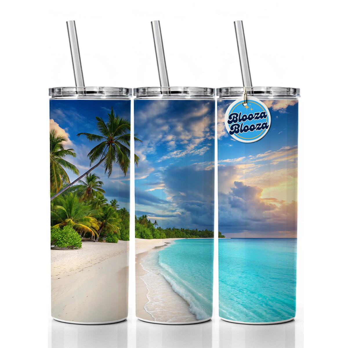 Bali Indonesia Beach Ocean Palm Trees Skinny Tumbler 20oz with Straw Insulated Water Bottle Gift
