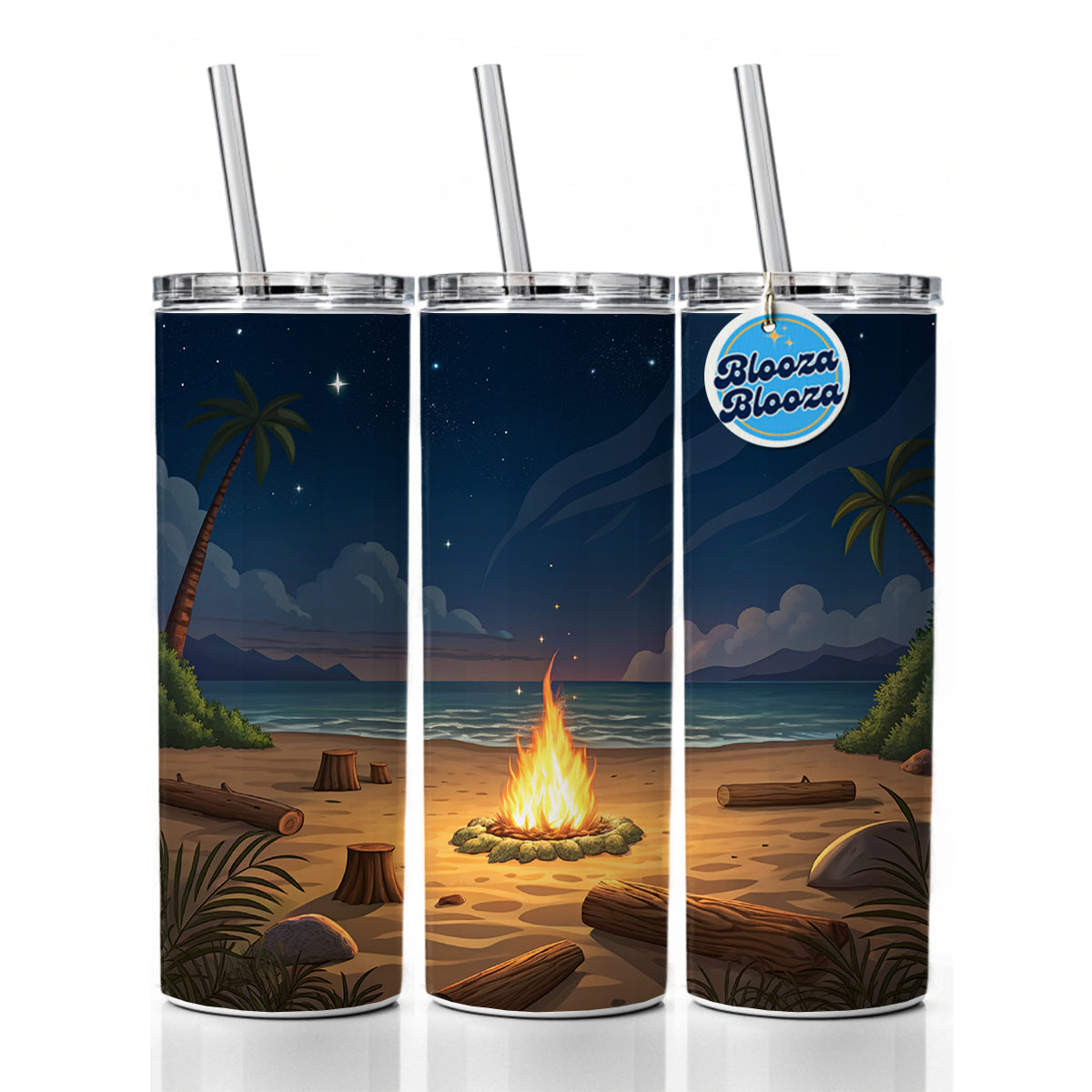 Beach Bonfire Drawing Skinny Tumbler 20oz with Straw Insulated Water Bottle Gift