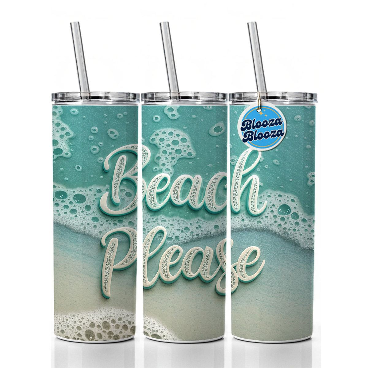 Beach Please Sea Foam Ocean Skinny Tumbler 20oz with Straw Insulated Water Bottle Gift