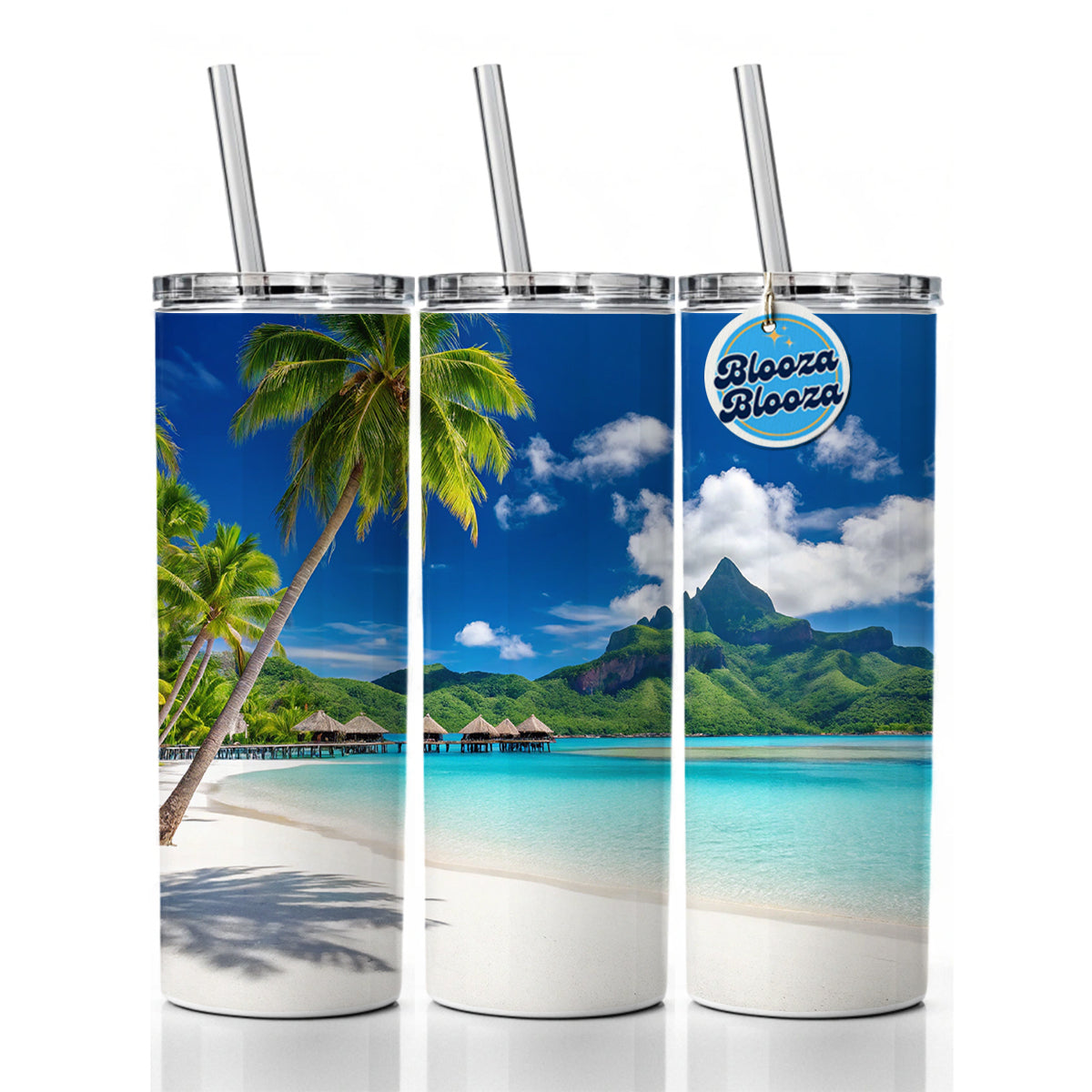 Bora Bora French Polynesia Bungalows Ocean Skinny Tumbler 20oz with Straw Insulated Water Bottle Gift