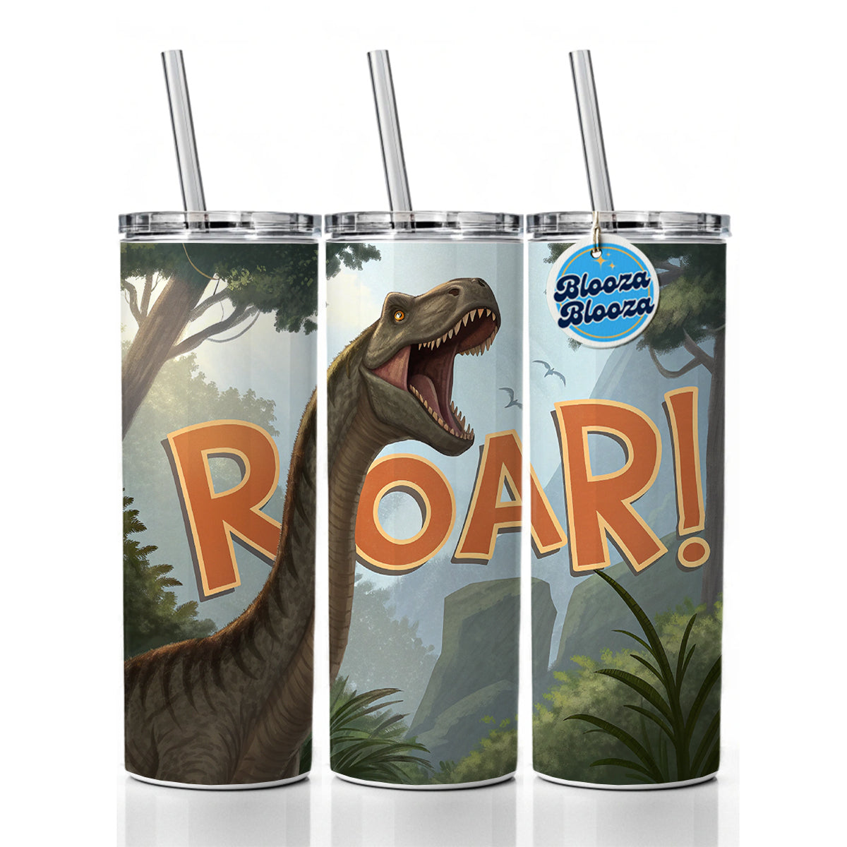 Brachiosaurus Roar Bold Text Dinosaur Skinny Tumbler 20oz with Straw Insulated Water Bottle Gift