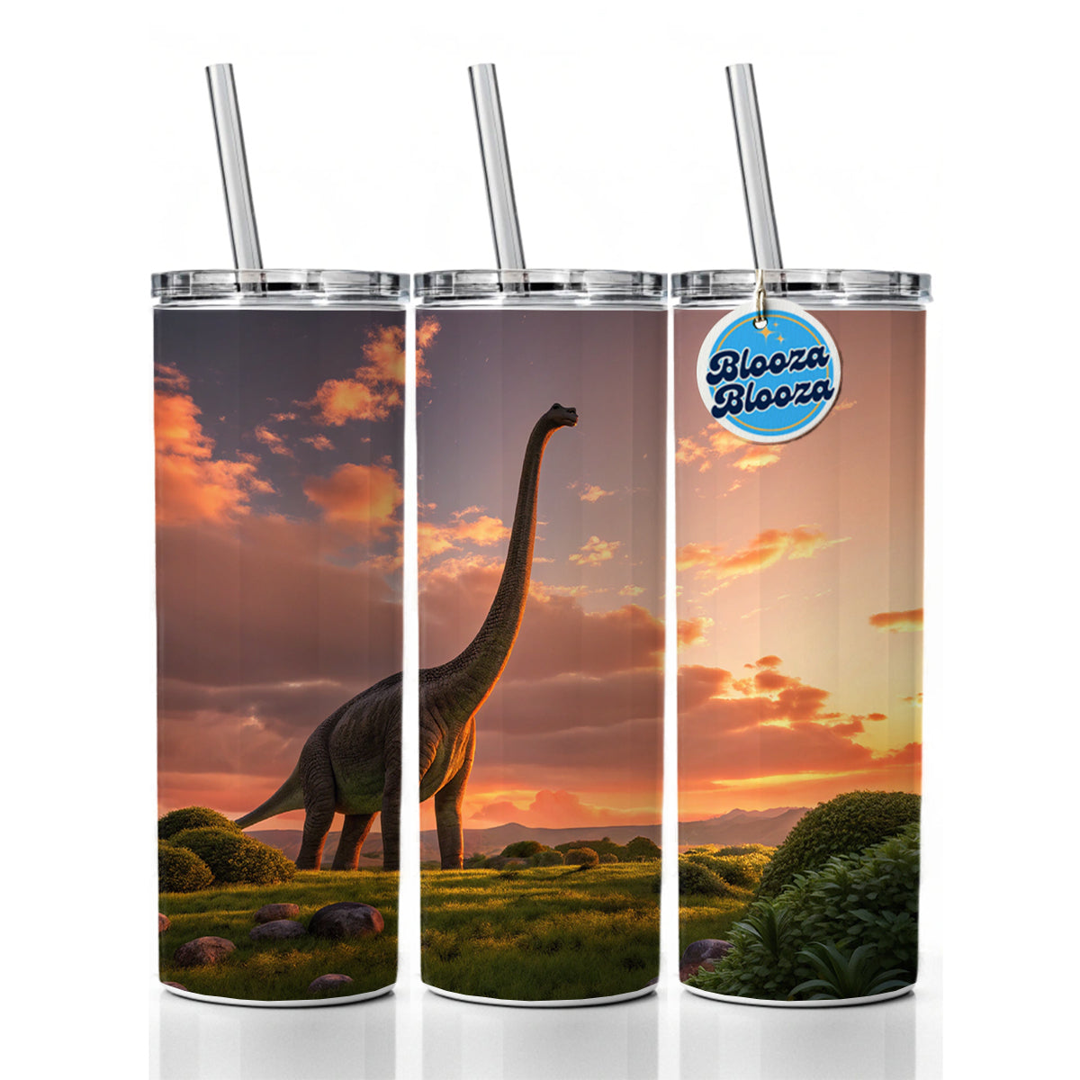 Brontosaurus Sunset Night Dinosaur Skinny Tumbler 20oz with Straw Insulated Water Bottle Gift