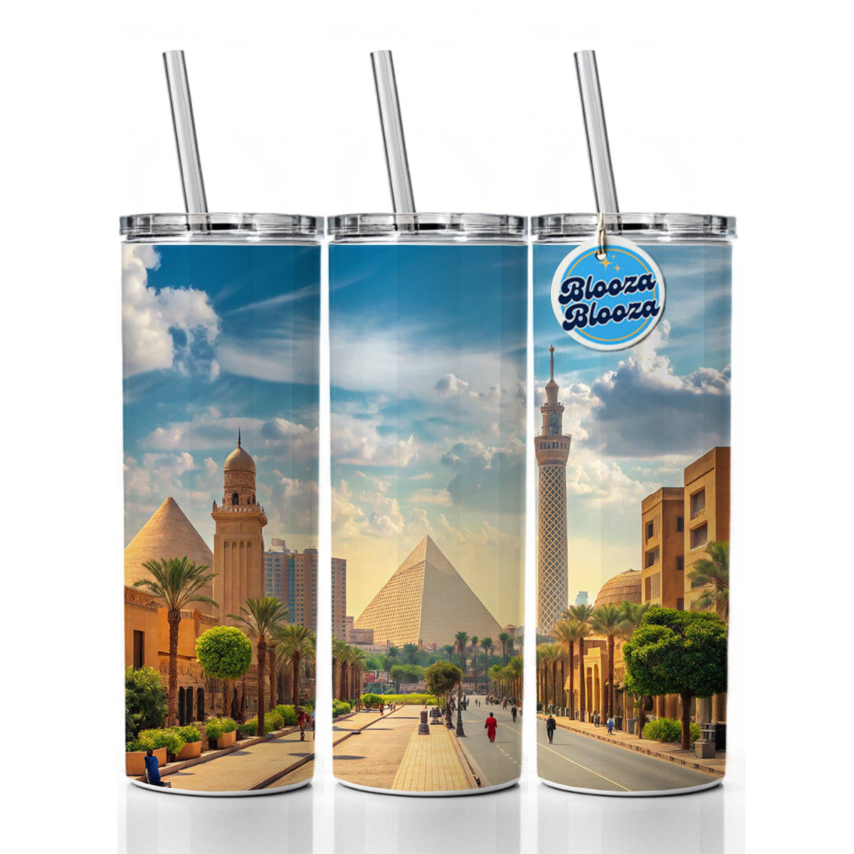 Cairo Egypt Pyramid Street Skinny Tumbler 20oz with Straw Insulated Water Bottle Gift