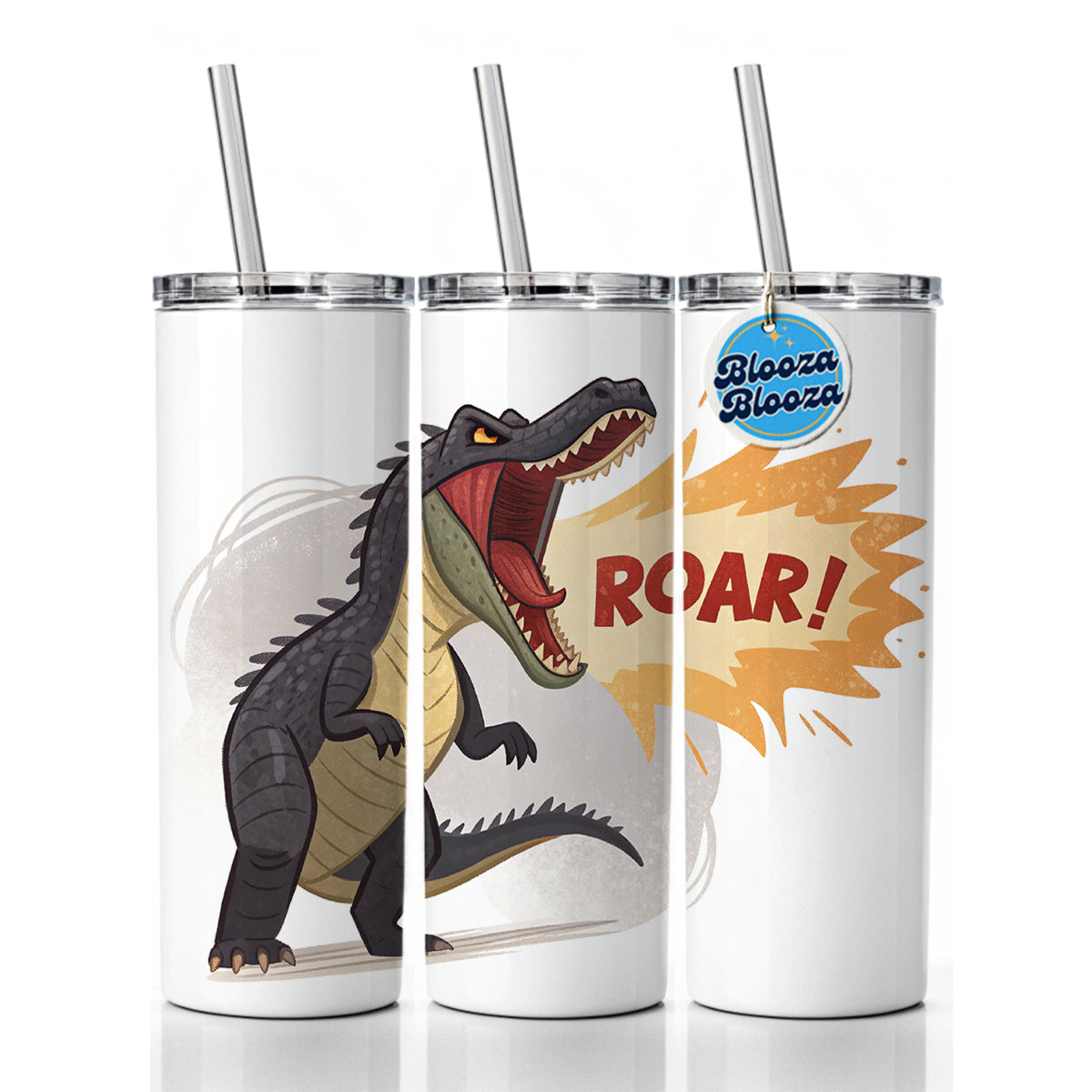 Carnotaurus Roar Bold Text Dinosaur Skinny Tumbler 20oz with Straw Insulated Water Bottle Gift