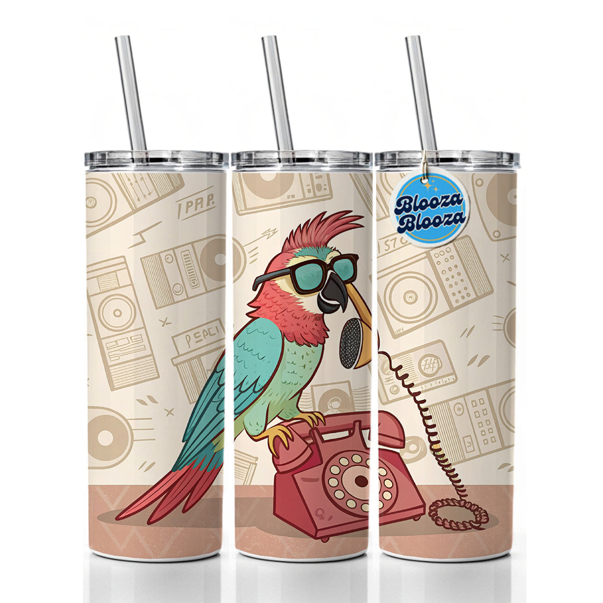 Cool Parrot Wearing Sunglasses Retro Illustration Skinny Tumbler 20oz with Straw Insulated Water Bottle Gift