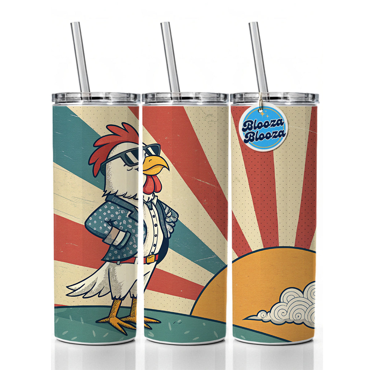 Cool Rooster Chicken Wearing Sunglasses Retro Illustration Skinny Tumbler 20oz with Straw Insulated Water Bottle Gift