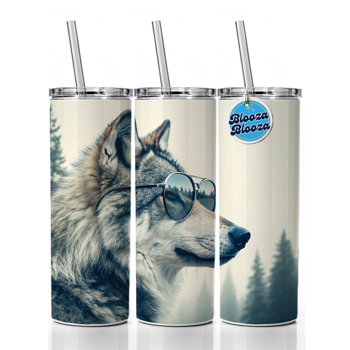 Cool Wolf Wearing Misty Woods Skinny Tumbler 20oz with Straw Insulated Water Bottle Gift