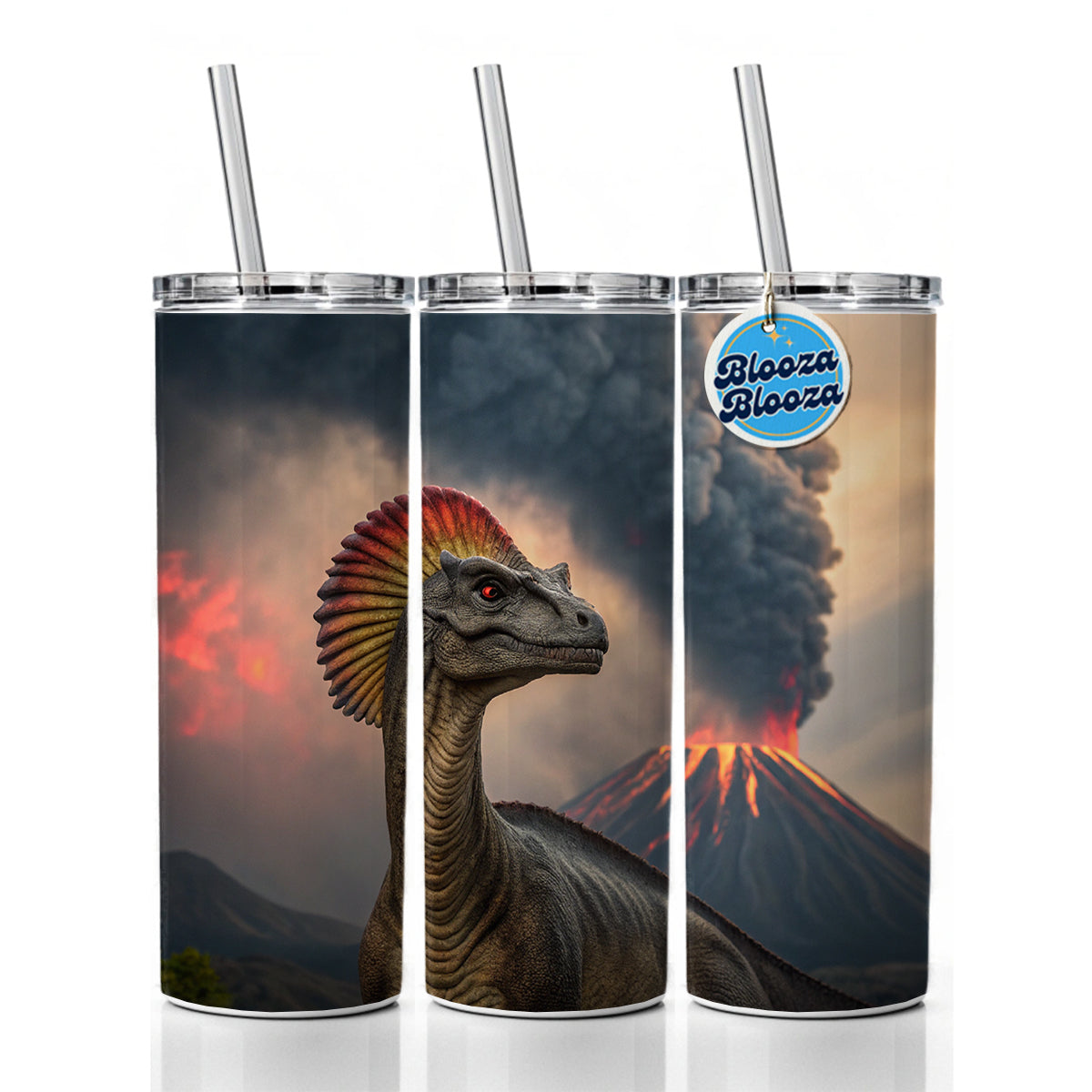 Dilophosaurus Volcano Erupting Dinosaur Skinny Tumbler 20oz with Straw Insulated Water Bottle Gift