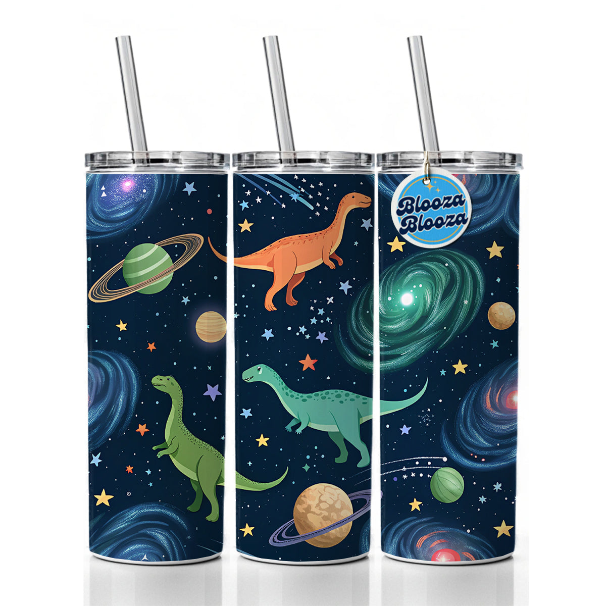 Dinosaurs Floating In Space Galaxy Skinny Tumbler 20oz with Straw Insulated Water Bottle Gift