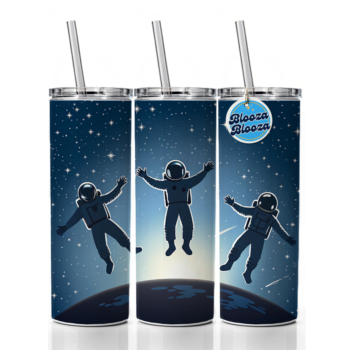 Floating Astronaut Silhouettes Space Skinny Tumbler 20oz with Straw Insulated Water Bottle Gift