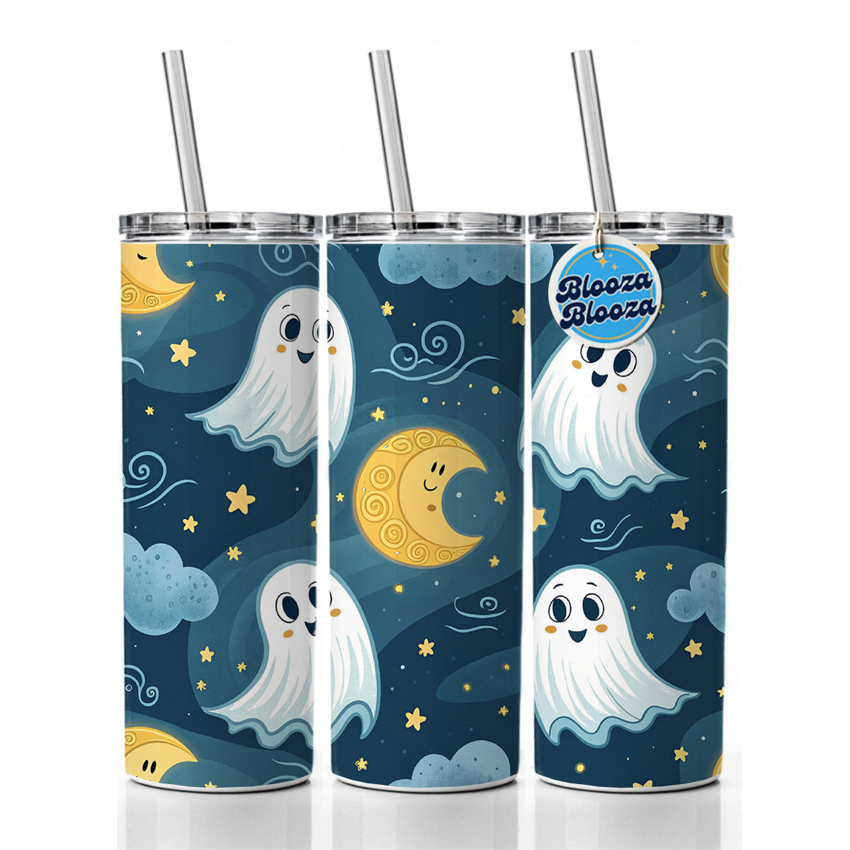 Ghosts Smiling Floating Night Sky Halloween Skinny Tumbler 20oz with Straw Insulated Water Bottle Gift