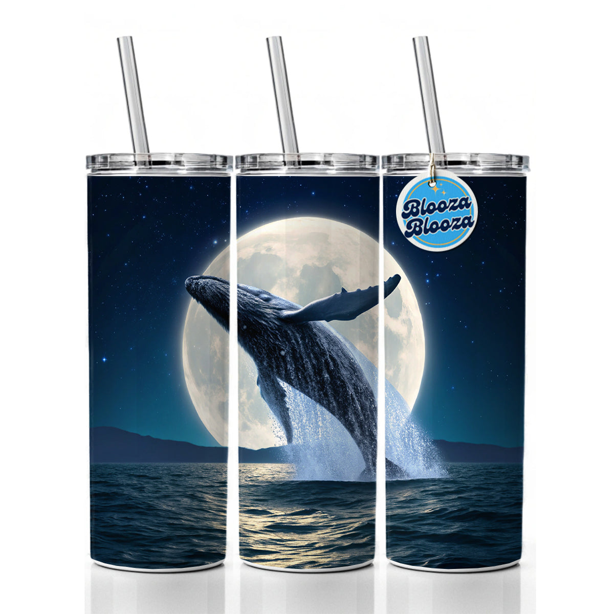 Giant Whale Leaping Over Ocean Moon Skinny Tumbler 20oz with Straw Insulated Water Bottle Gift
