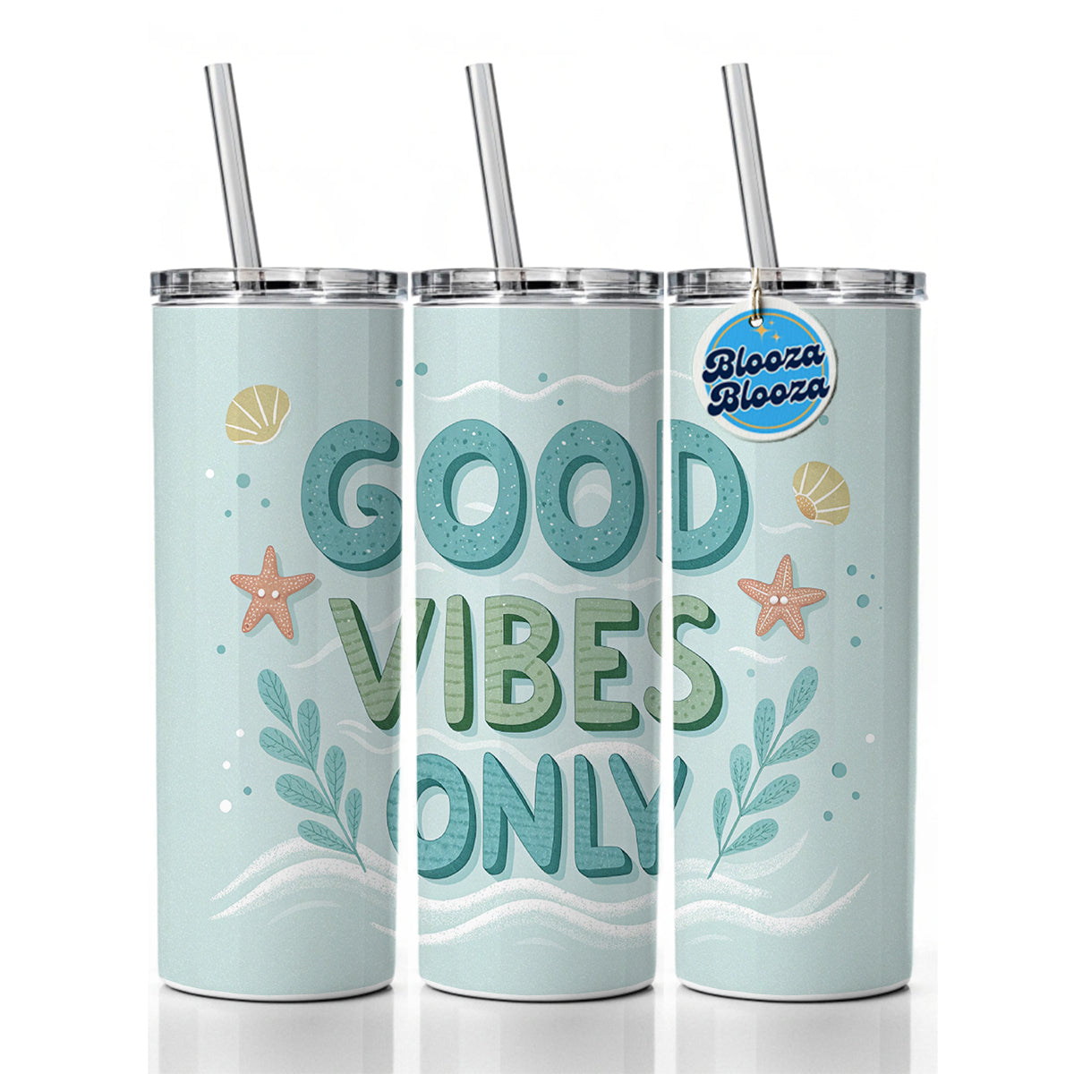 Good Vibes Only Sea Foam Ocean Beach Skinny Tumbler 20oz with Straw Insulated Water Bottle Gift
