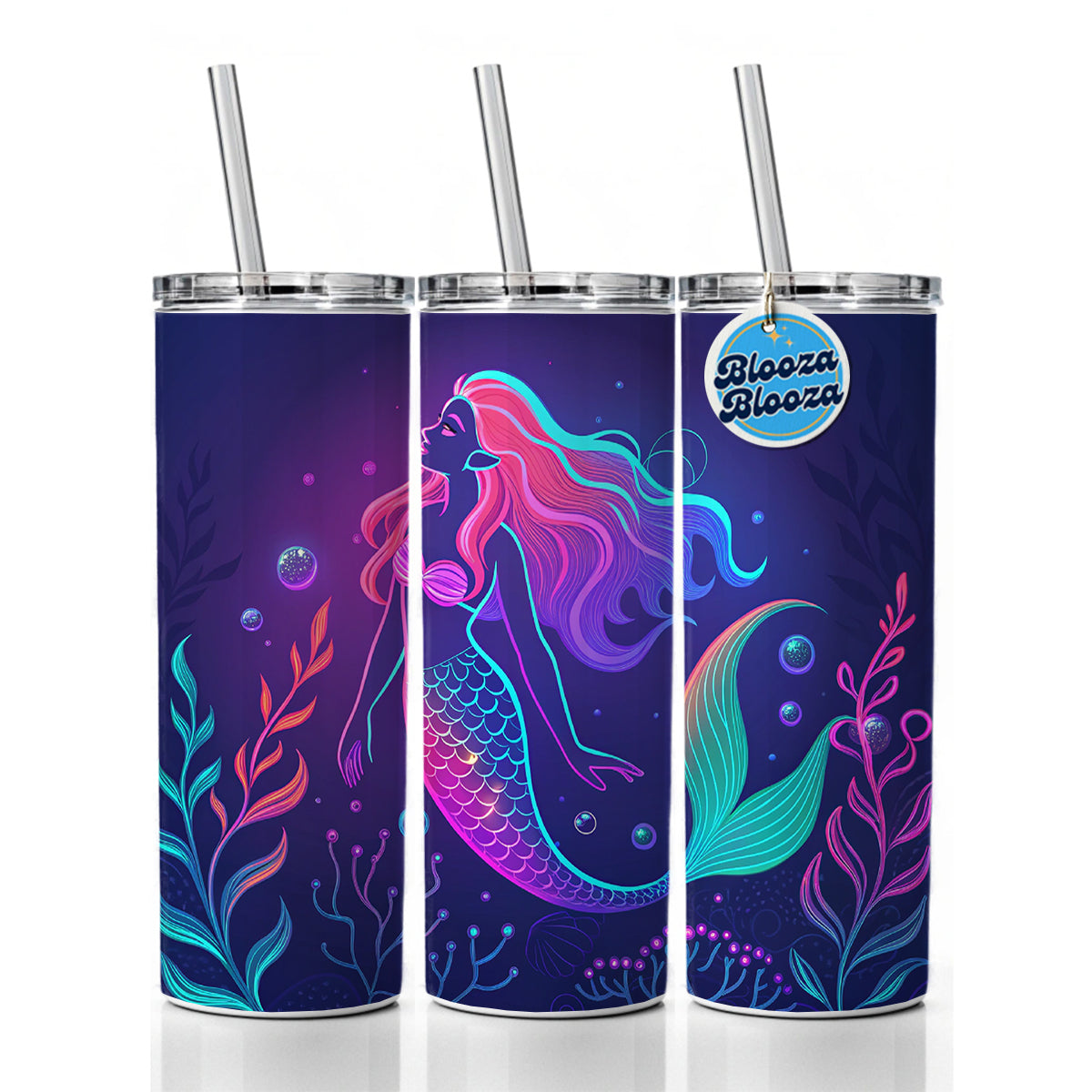 Neon Mermaid Beautiful Skinny Tumbler 20oz with Straw Insulated Water Bottle Gift