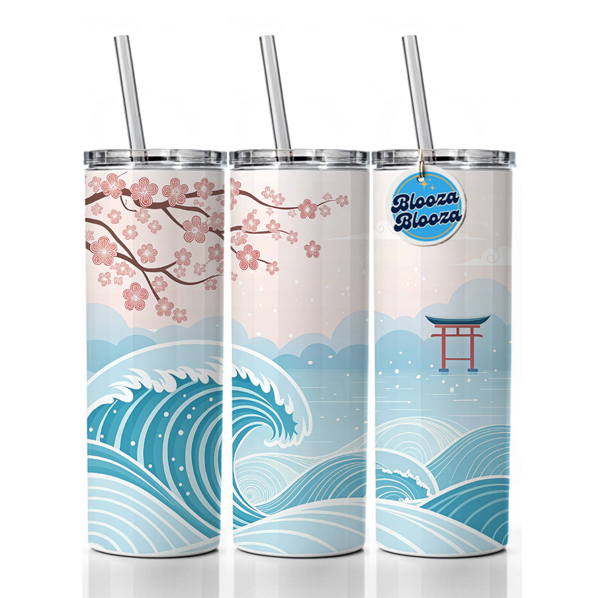 Ocean Waves Japanese Style Drawing Cherry Blossoms Skinny Tumbler 20oz with Straw Insulated Water Bottle Gift