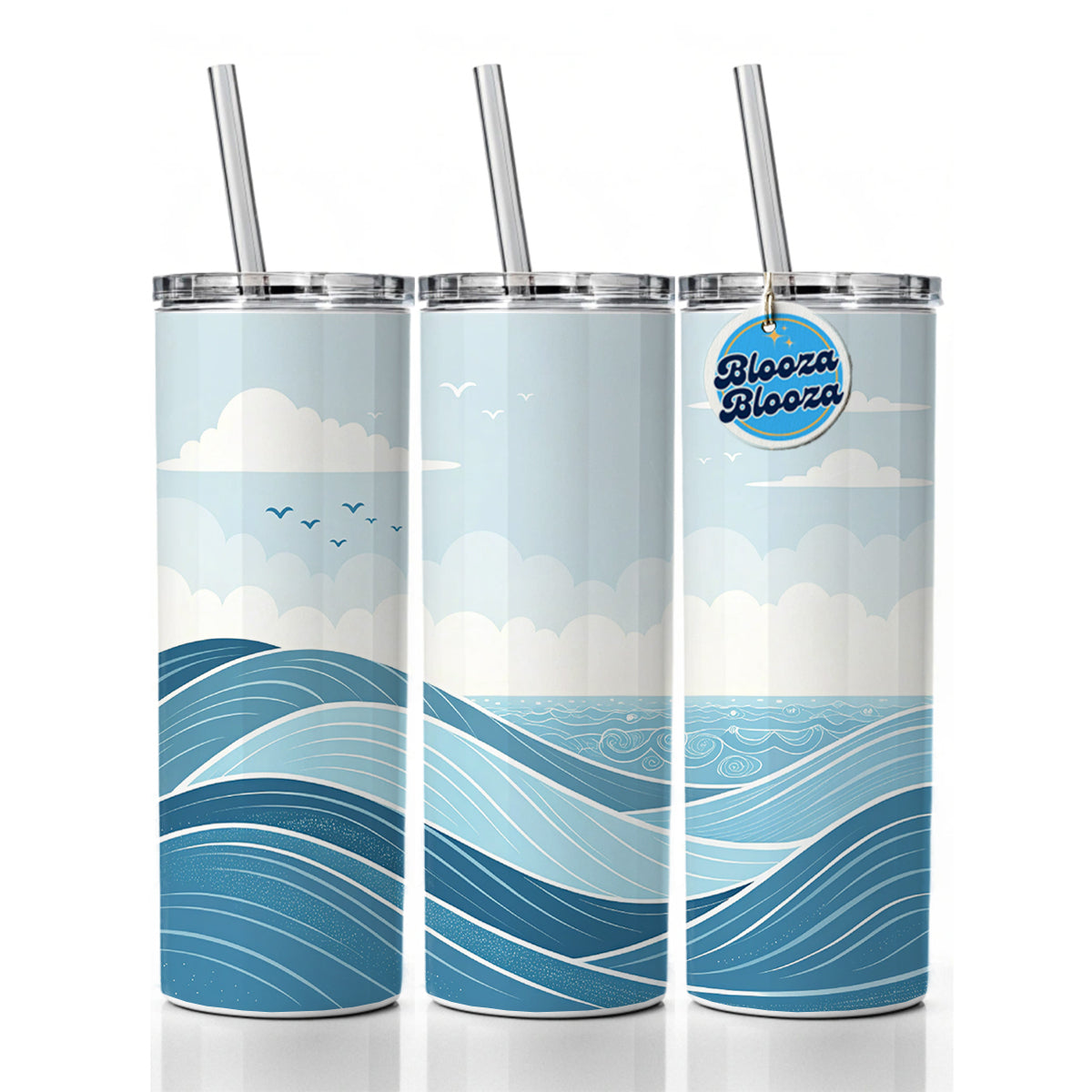 Ocean Waves Sketch Skinny Tumbler 20oz with Straw Insulated Water Bottle Gift