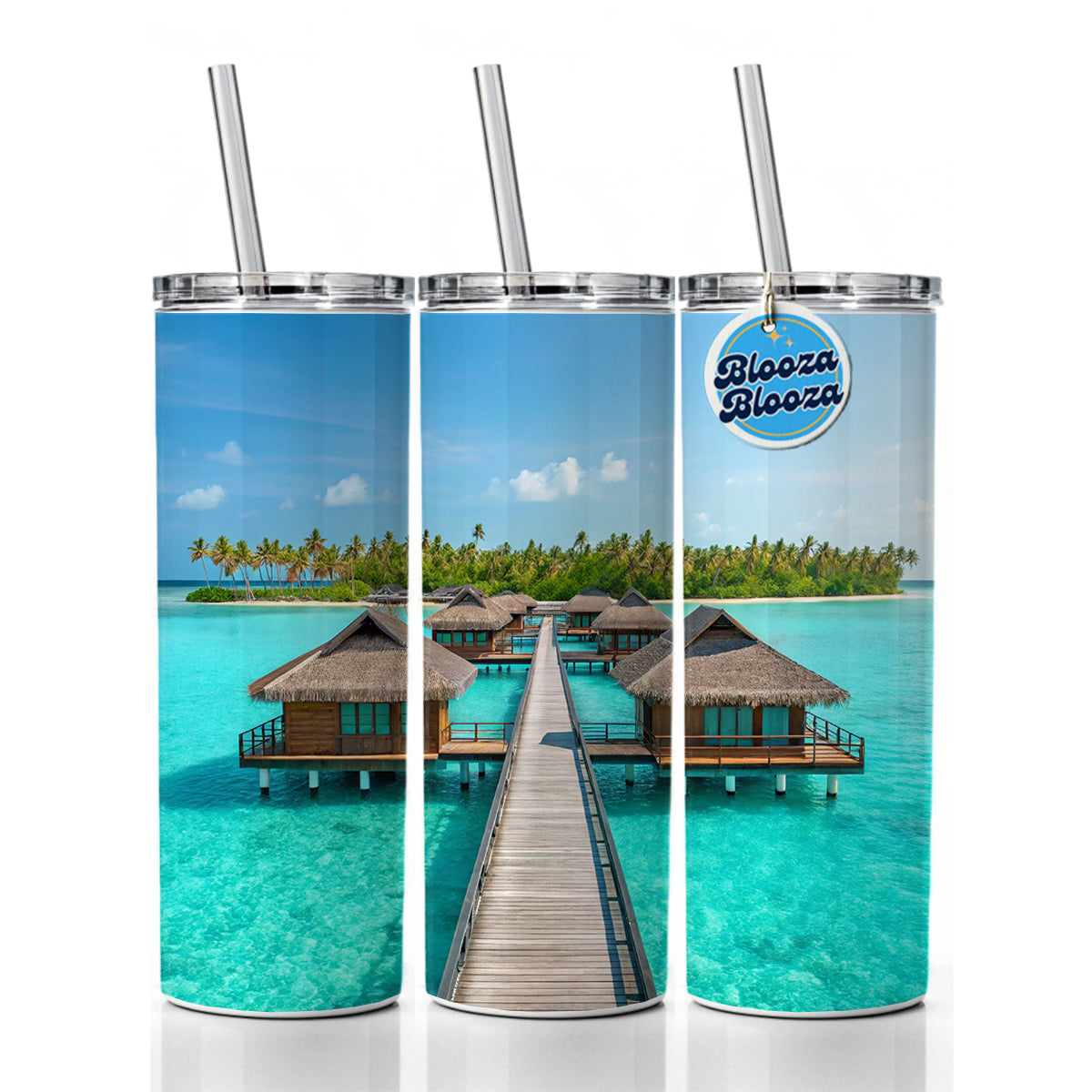 Over Water Bungalows Stunning Tropical Island Skinny Tumbler 20oz with Straw Insulated Water Bottle Gift
