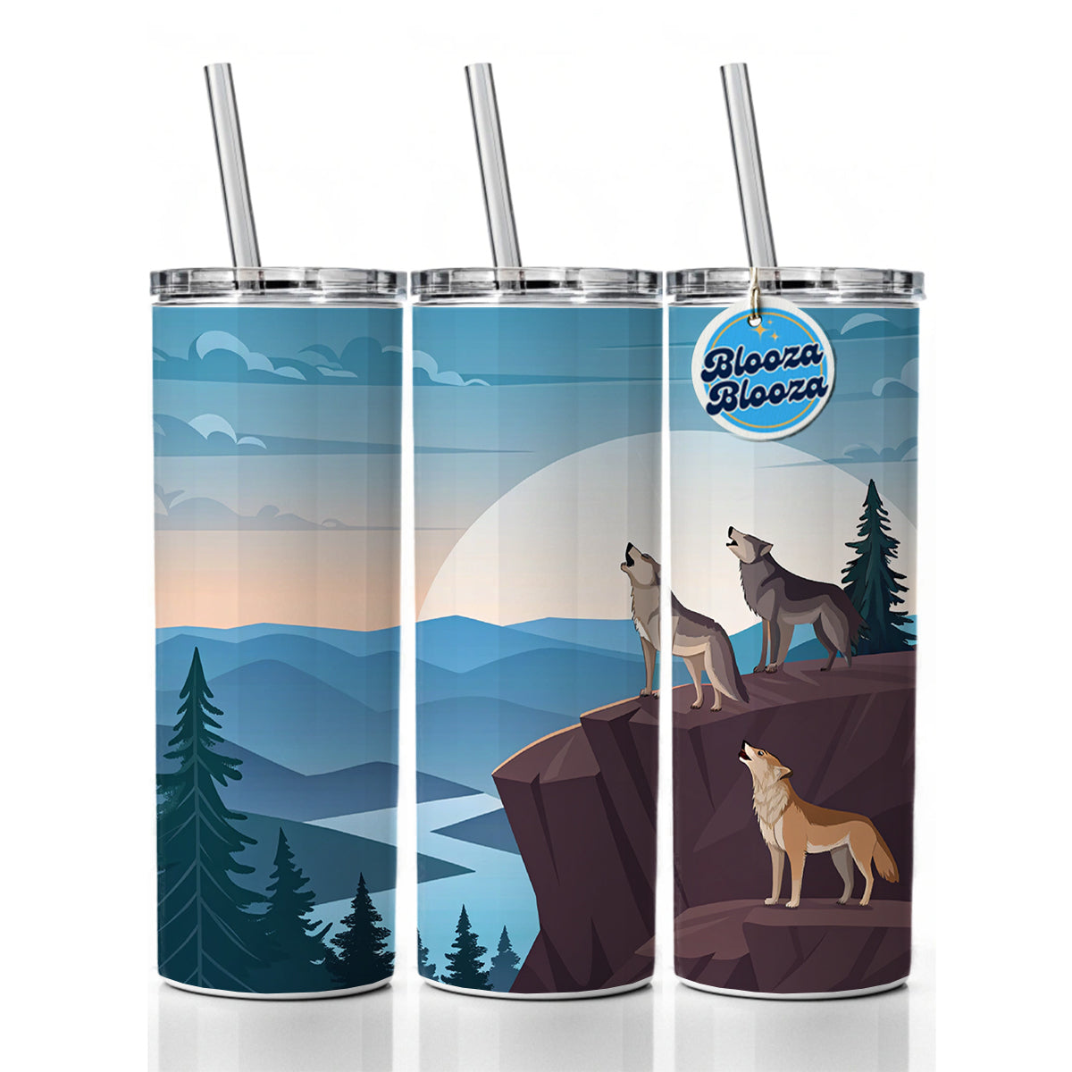 Pack Of Wolves On Cliff Drawing Skinny Tumbler 20oz with Straw Insulated Water Bottle Gift