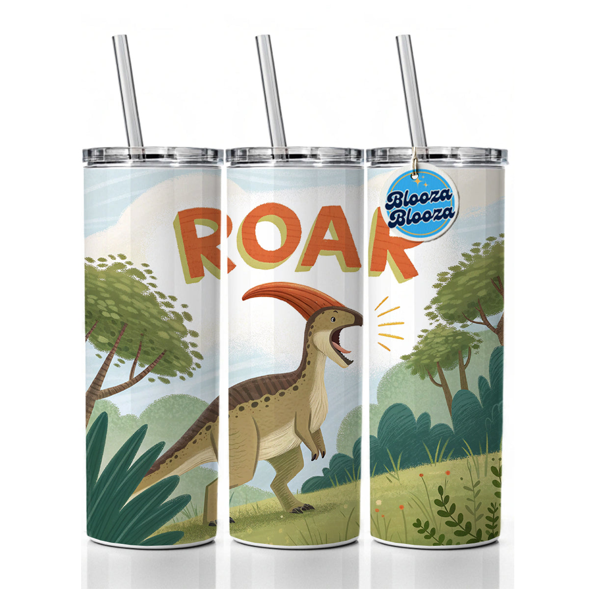 Parasaurolophus With Roar Bold Dinosaur Skinny Tumbler 20oz with Straw Insulated Water Bottle Gift