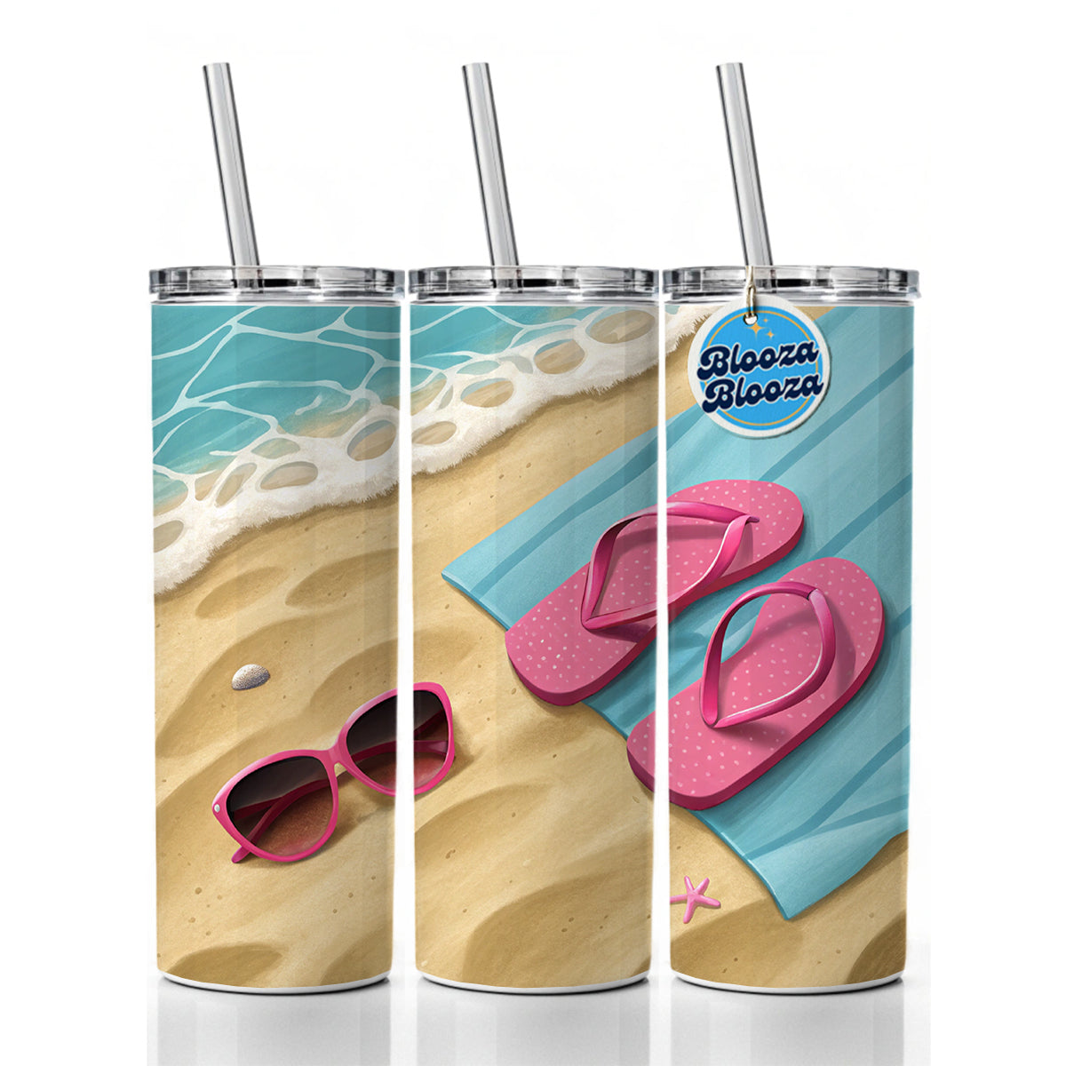 Pink Sunglasses Flip Flops Towel On Sand Beach Skinny Tumbler 20oz with Straw Insulated Water Bottle Gift