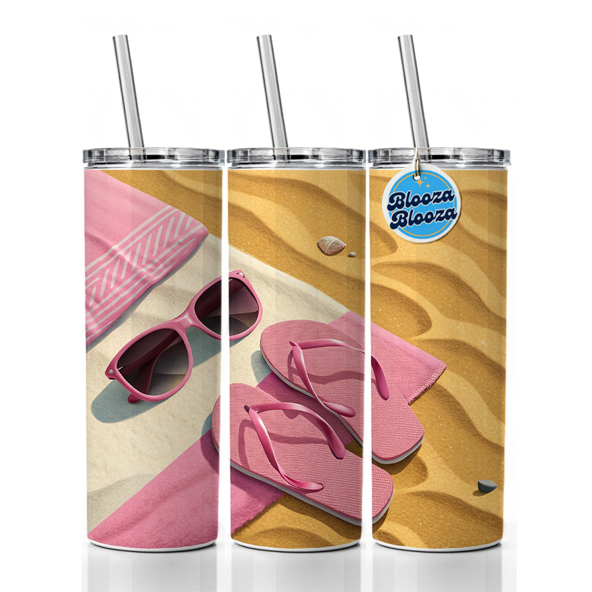 Pink Sunglasses Flip Flops Towel On Sand Cute Skinny Tumbler 20oz with Straw Insulated Water Bottle Gift