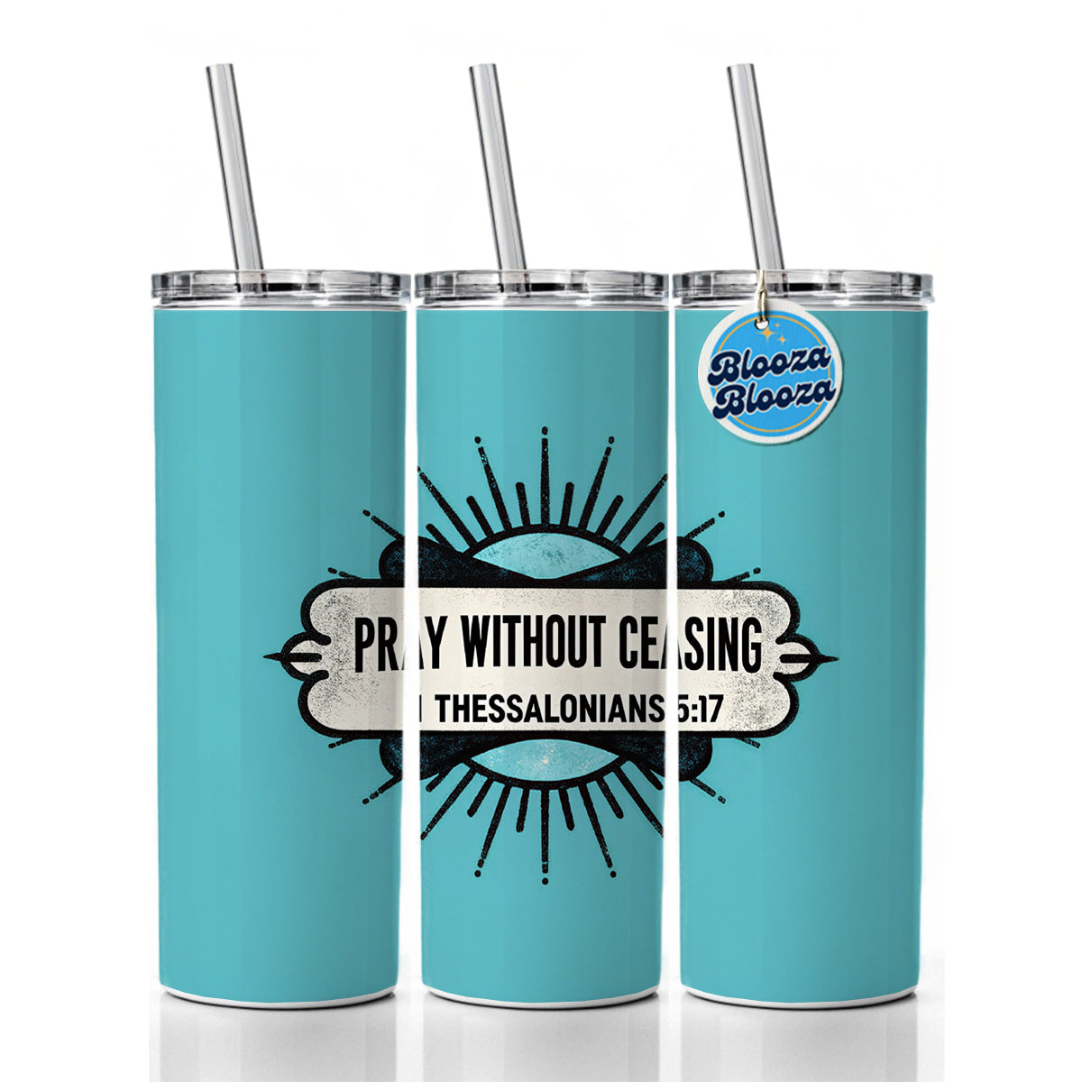 Pray Without Ceasing Bible Verse Blue Skinny Tumbler 20oz with Straw Insulated Water Bottle Gift