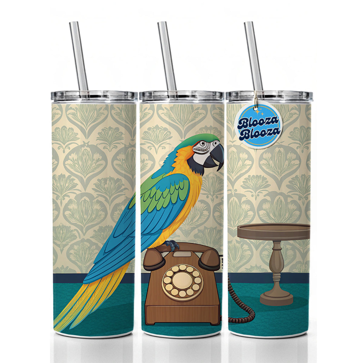 Retro Macaw Phone Bird Skinny Tumbler 20oz with Straw Insulated Water Bottle Gift
