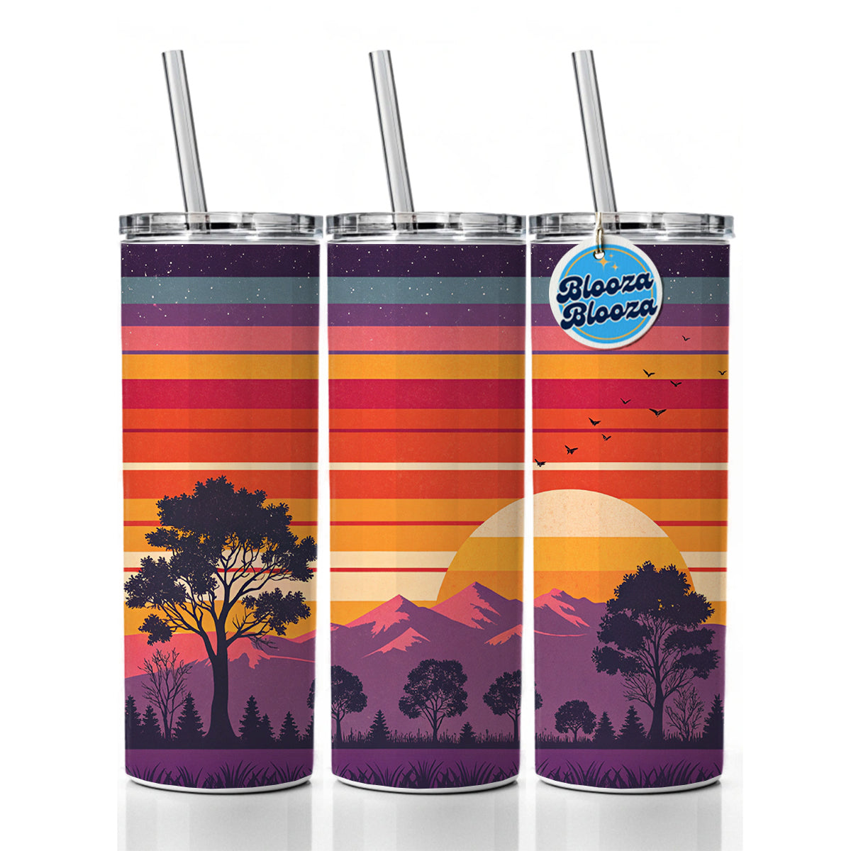 Retro Sunset Stripes Mountains Skinny Tumbler 20oz with Straw Insulated Water Bottle Gift