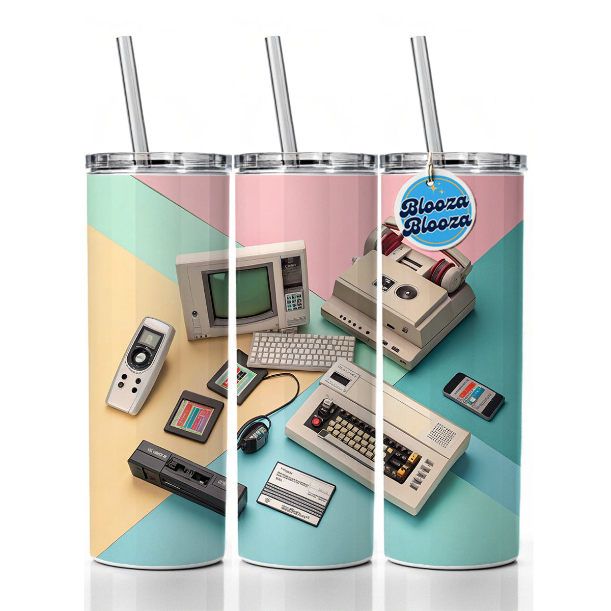 Retro Technology Collage Computer Skinny Tumbler 20oz with Straw Insulated Water Bottle Gift