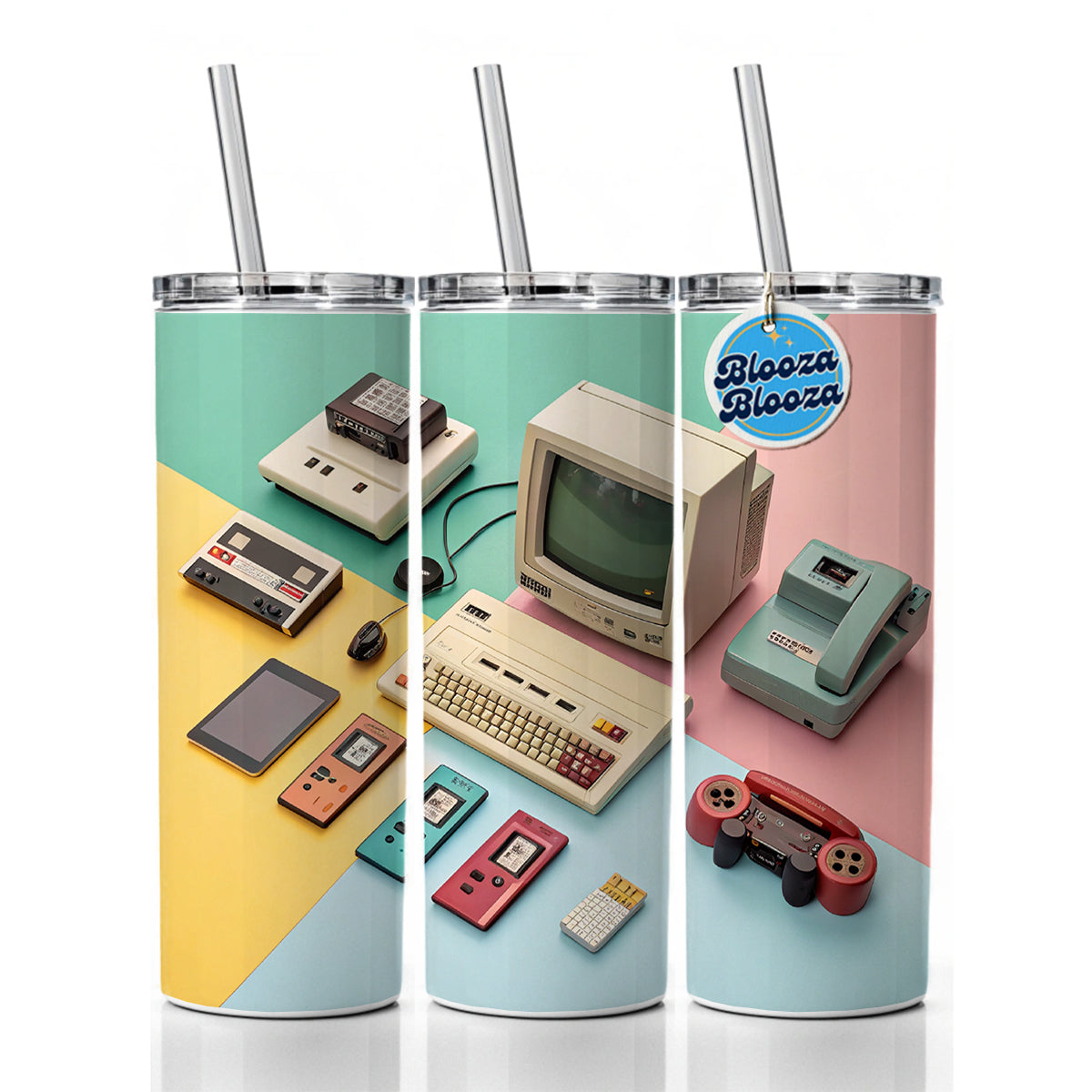 Retro Technology Device Computer Collage Skinny Tumbler 20oz with Straw Insulated Water Bottle Gift