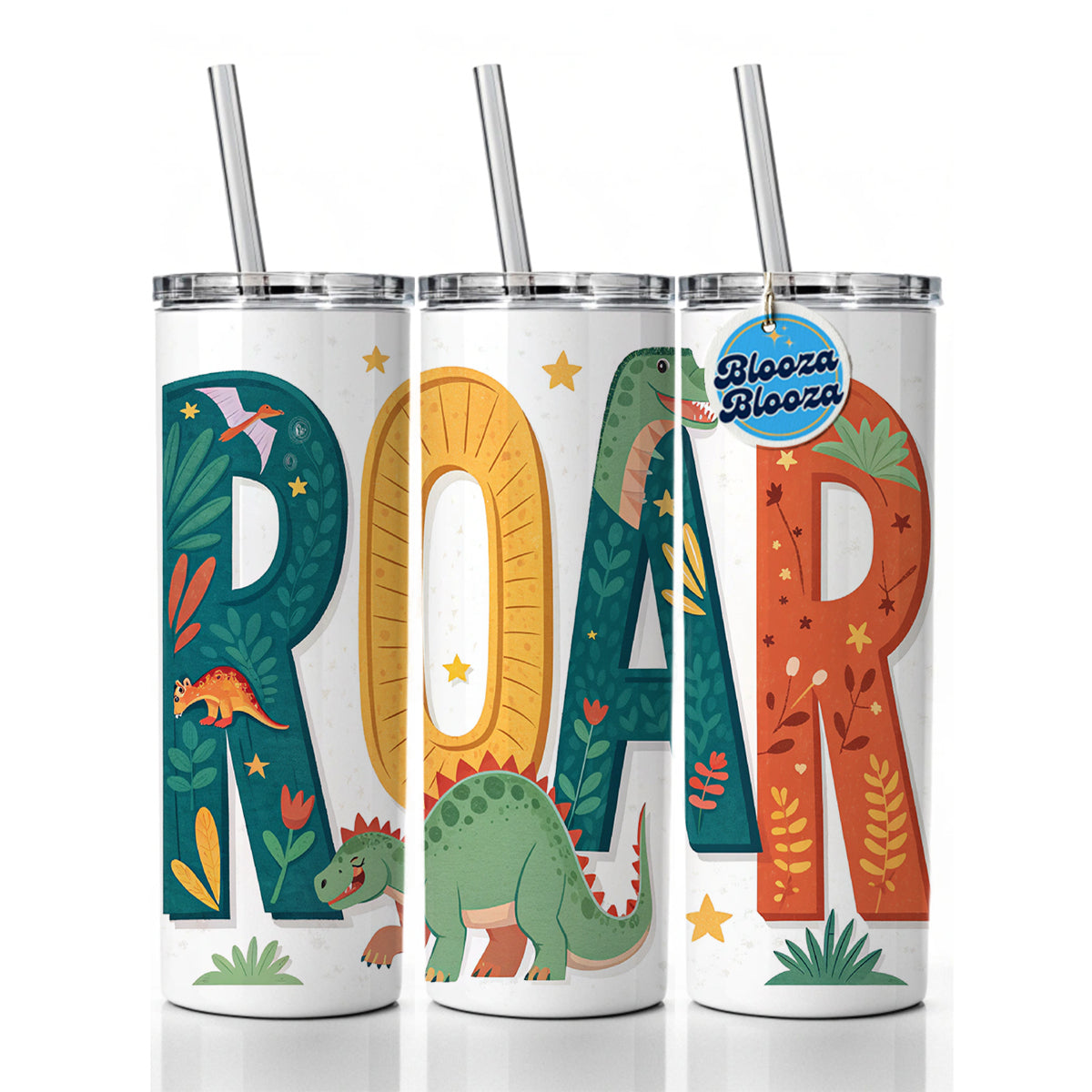 Roar Bold Colorful Dinosaurs Cute Skinny Tumbler 20oz with Straw Insulated Water Bottle Gift