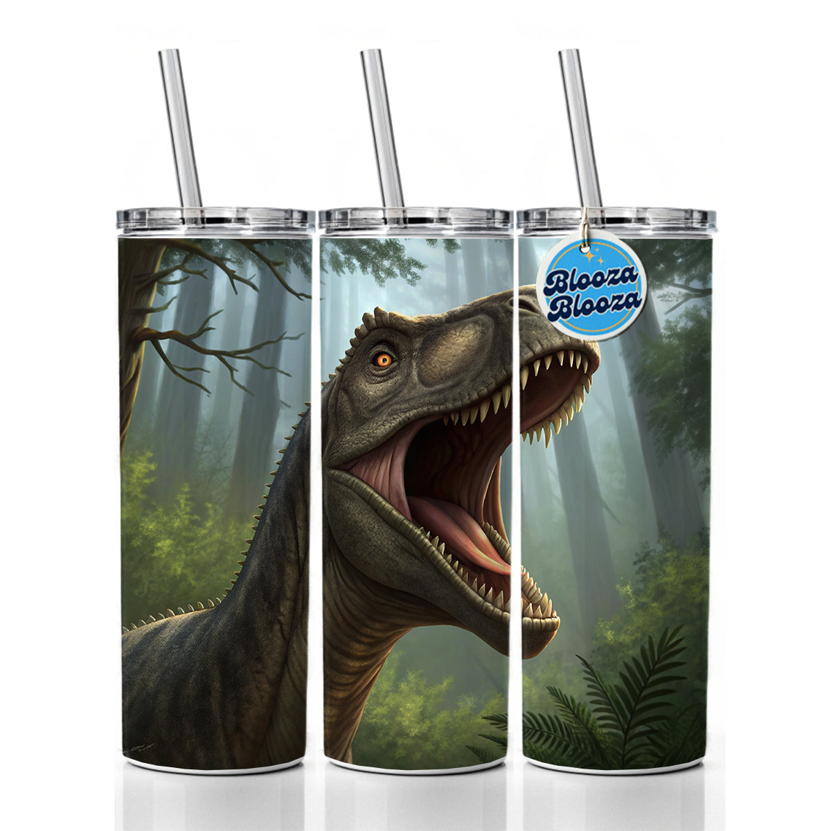 Roaring Brontosaurus Dinosaur Forest Skinny Tumbler 20oz with Straw Insulated Water Bottle Gift
