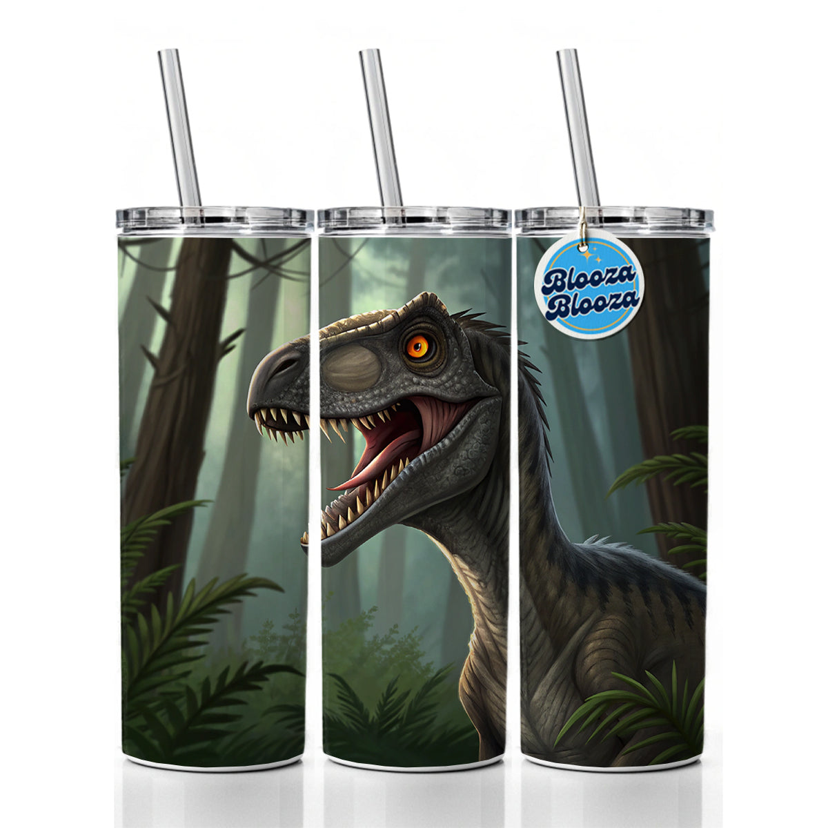 Roaring Raptor Dinosaur Forest Skinny Tumbler 20oz with Straw Insulated Water Bottle Gift