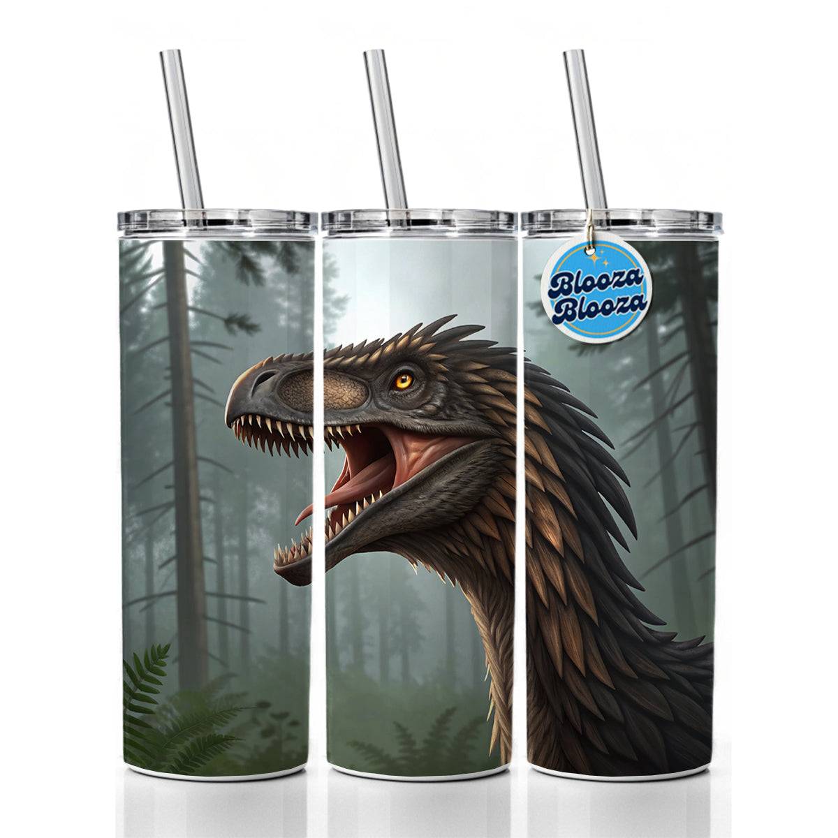 Roaring Raptor Dinosaur Skinny Tumbler 20oz with Straw Insulated Water Bottle Gift