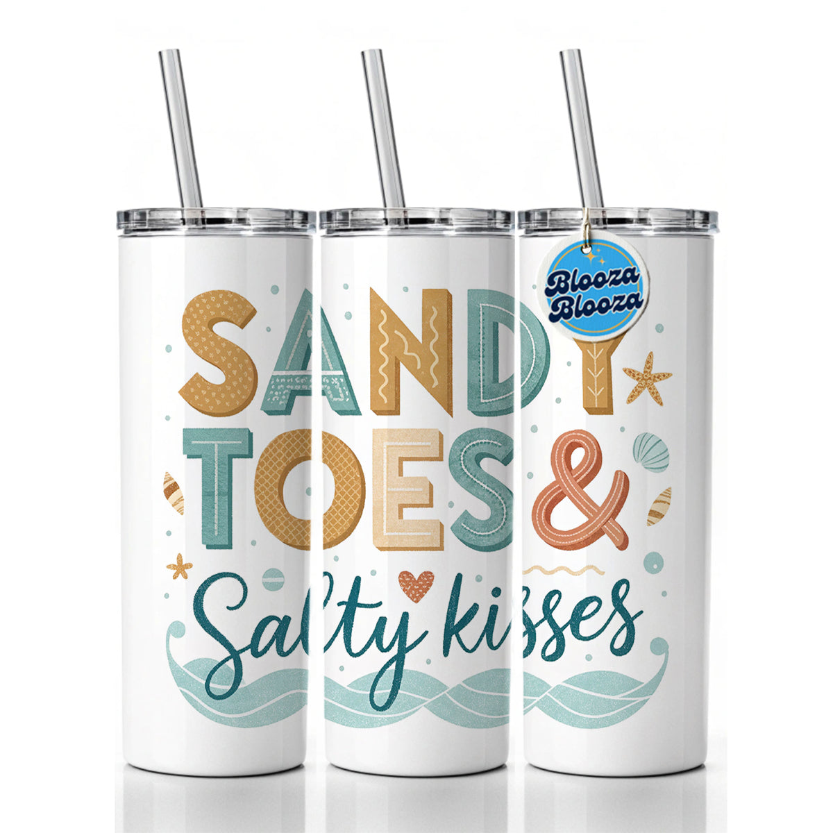 Sandy Toes Salty Kisses Ocean Beach Skinny Tumbler 20oz with Straw Insulated Water Bottle Gift