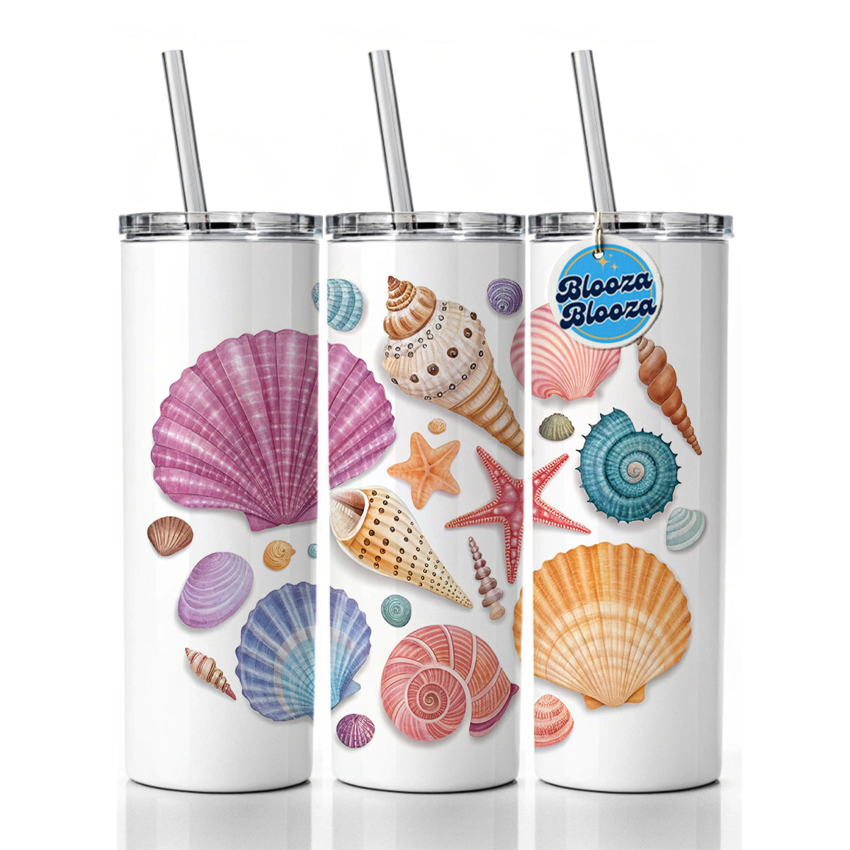 Seashell Collage Colorful Skinny Tumbler 20oz with Straw Insulated Water Bottle Gift